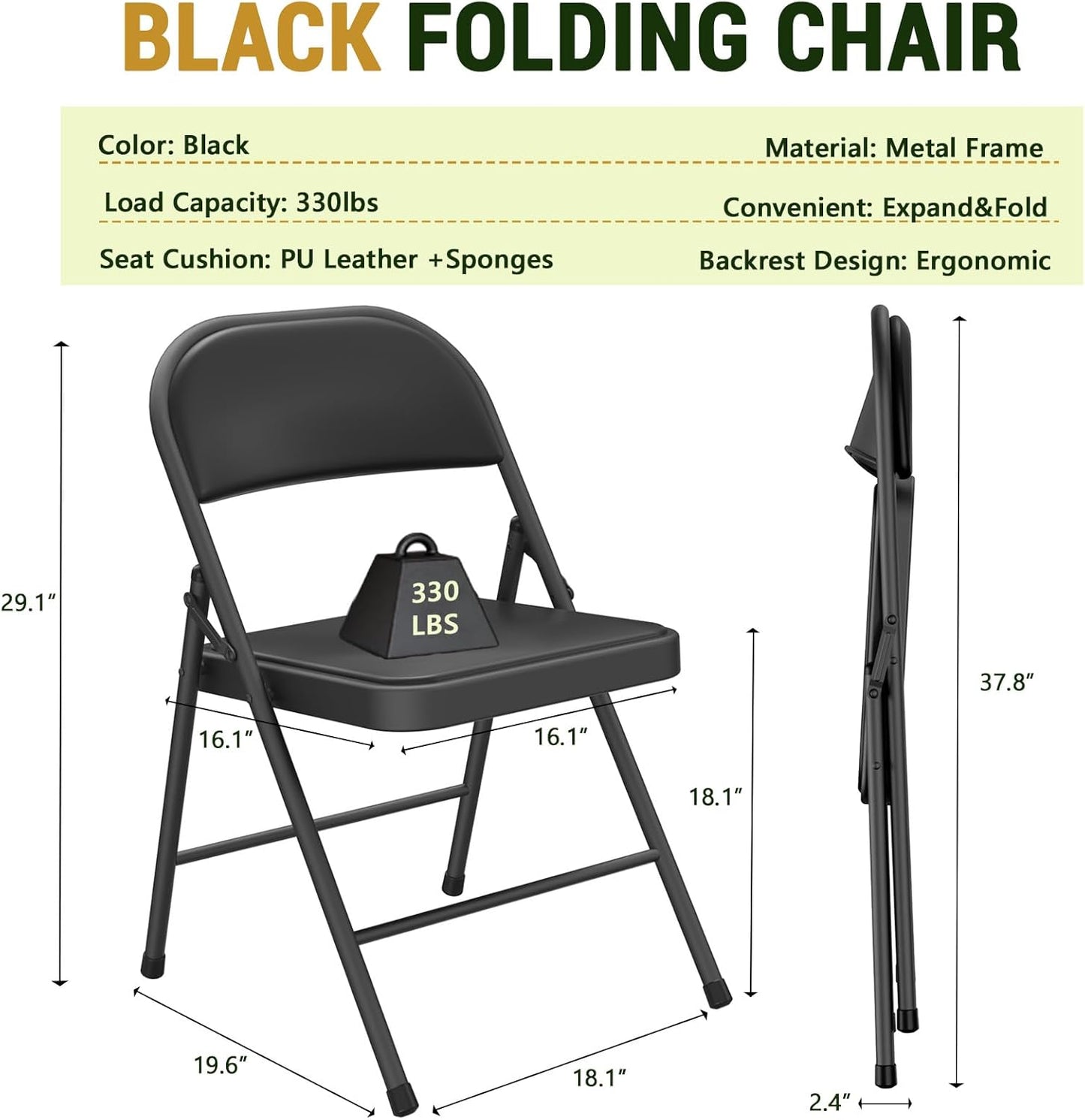 Folding Chair 4 Pack, Comfy PU Leather Padded Folding Chairs for Outside and Indoor, Heavy Duty Portable Foldable Metal Commercial Seat for Home Office, Dorm, Party, Backyard, Lawn, Patio