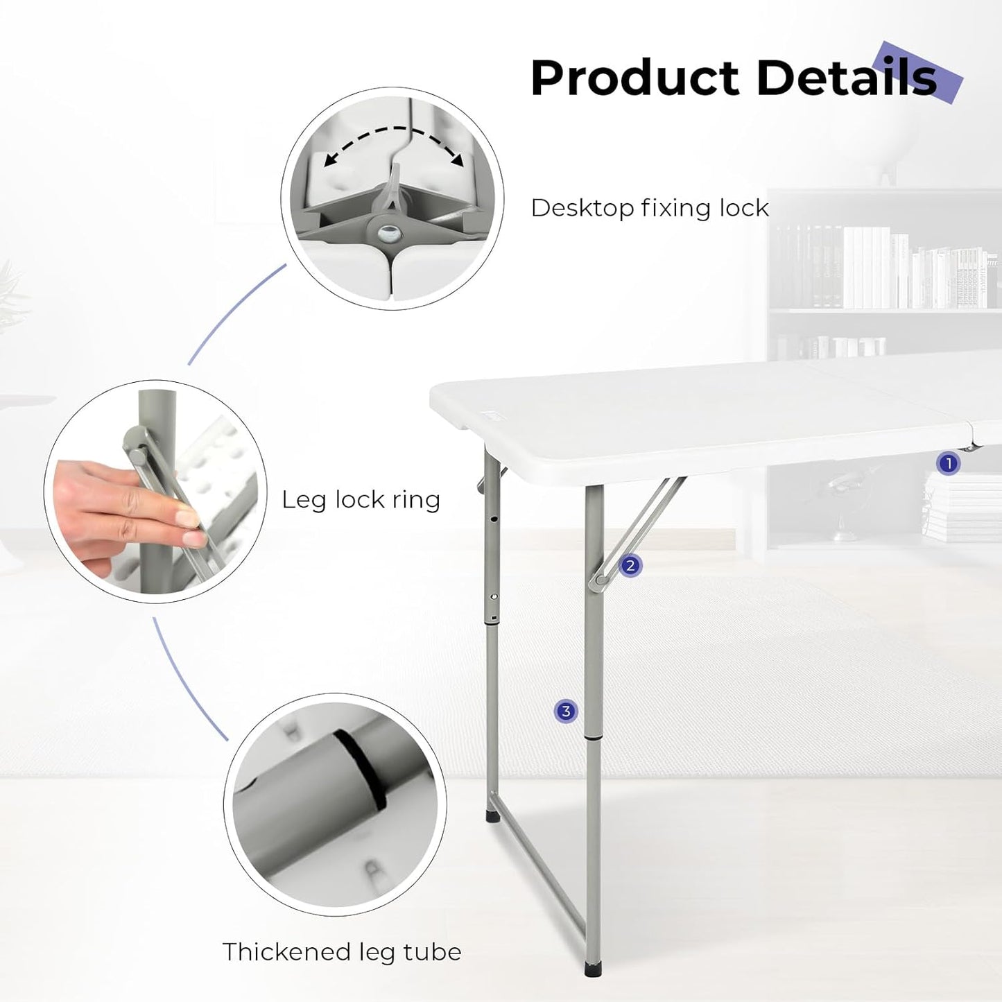 Folding Table 4 Foot Portable Heavy Duty Plastic Fold-in-Half Utility Table Small Indoor Outdoor Adjustable Height Folding with Carrying Handle, Camping and Party,White
