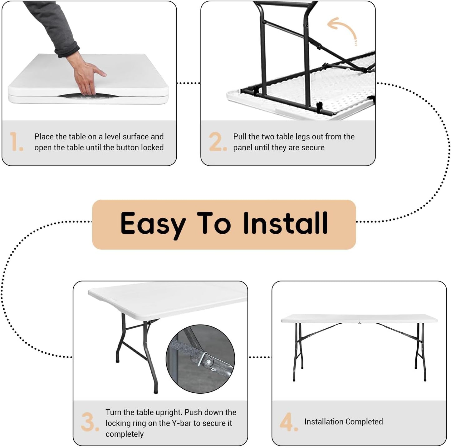 Folding Table 6FT HDPE 6 Foot Foldable Table Portable Banquet Surface Fold-in-Half Desk Utility for Working Meeting Parties, Picnic, Camping, Weddings, Catering, Garden Dining-White
