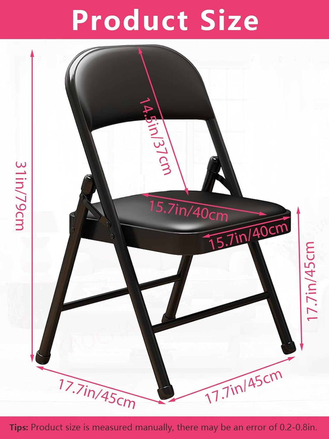 2 Pack Folding Chairs with Leather Padded Cushion and Back, Metal Black Foldable Chair for Indoor Outdoor, Commercial Stackable Guest Chairs for Office Events Wedding Party Kitchen Dining