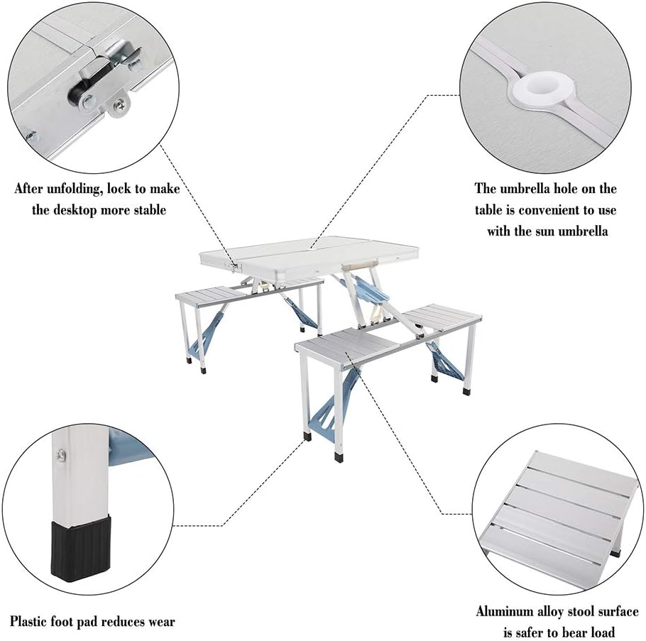Portable Folding Camping Picnic Table with 4 Seats, Folding Camping Picnic Table with Seats/Umbrella Hole， White Aluminum, 55 x 32.67 x 26.57 Inches, Compact Storage Design