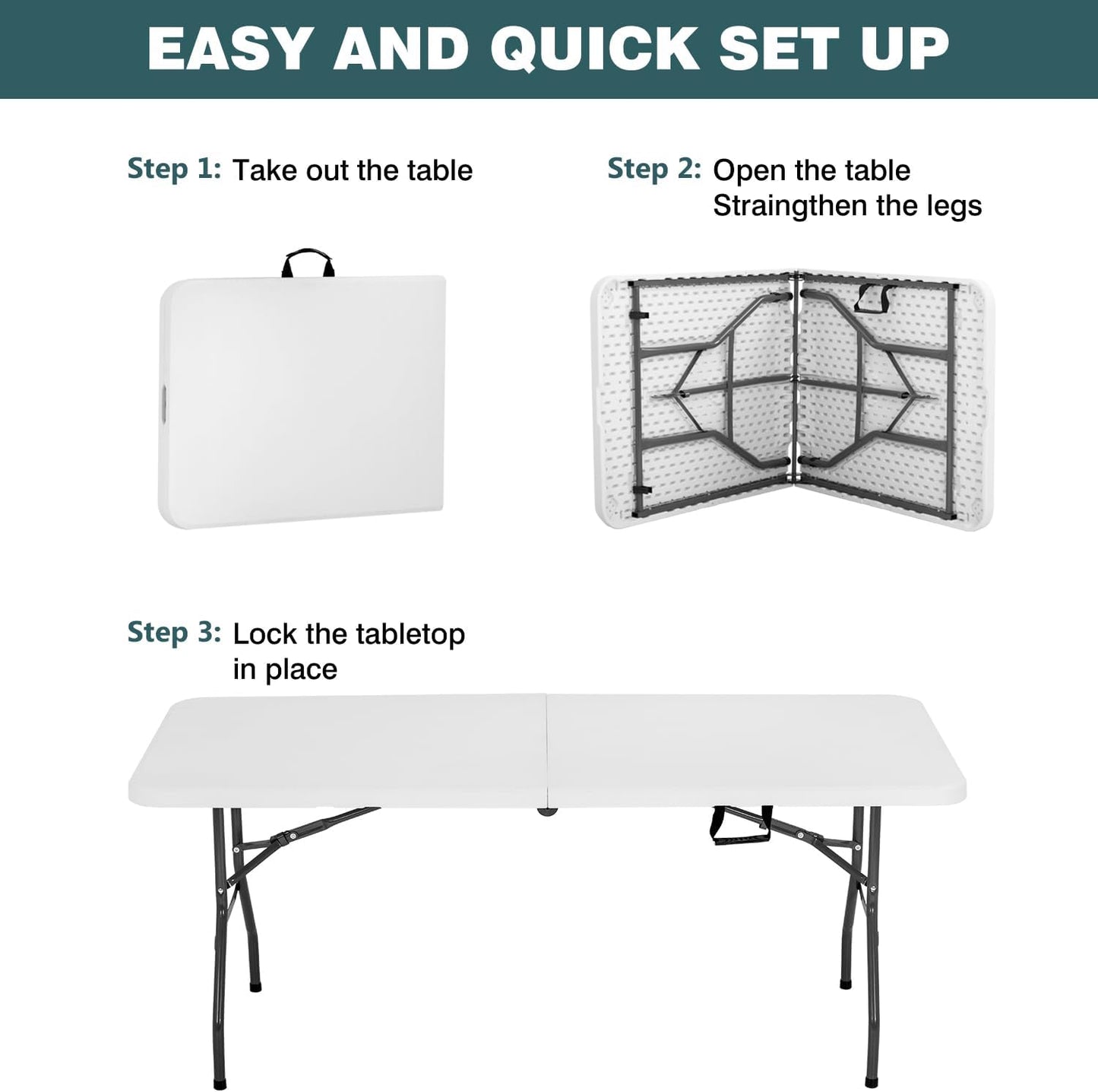 FDW 6 Foot Outdoor Dining Table, Foldable Portable Rectangular Plastic Folding Table with Built in Carrying Handle for Party and Wedding Use, White