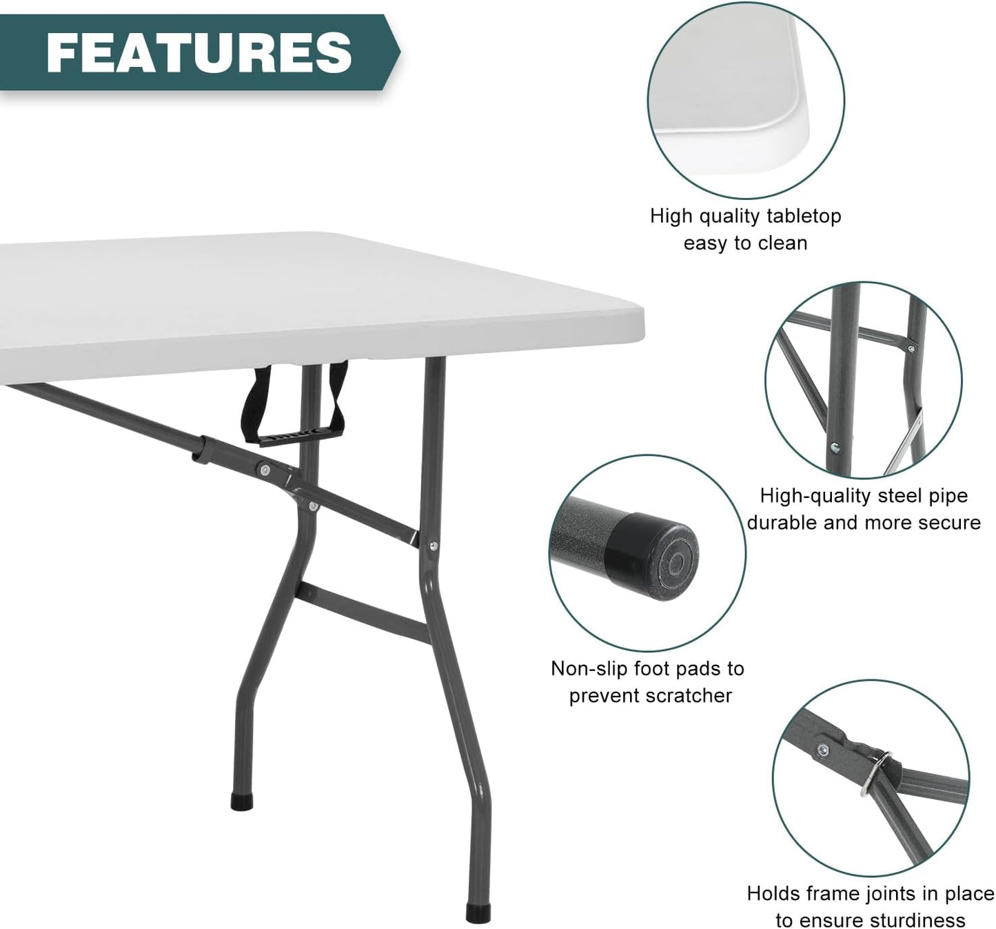 FDW 6 Foot Outdoor Dining Table, Foldable Portable Rectangular Plastic Folding Table with Built in Carrying Handle for Party and Wedding Use, White