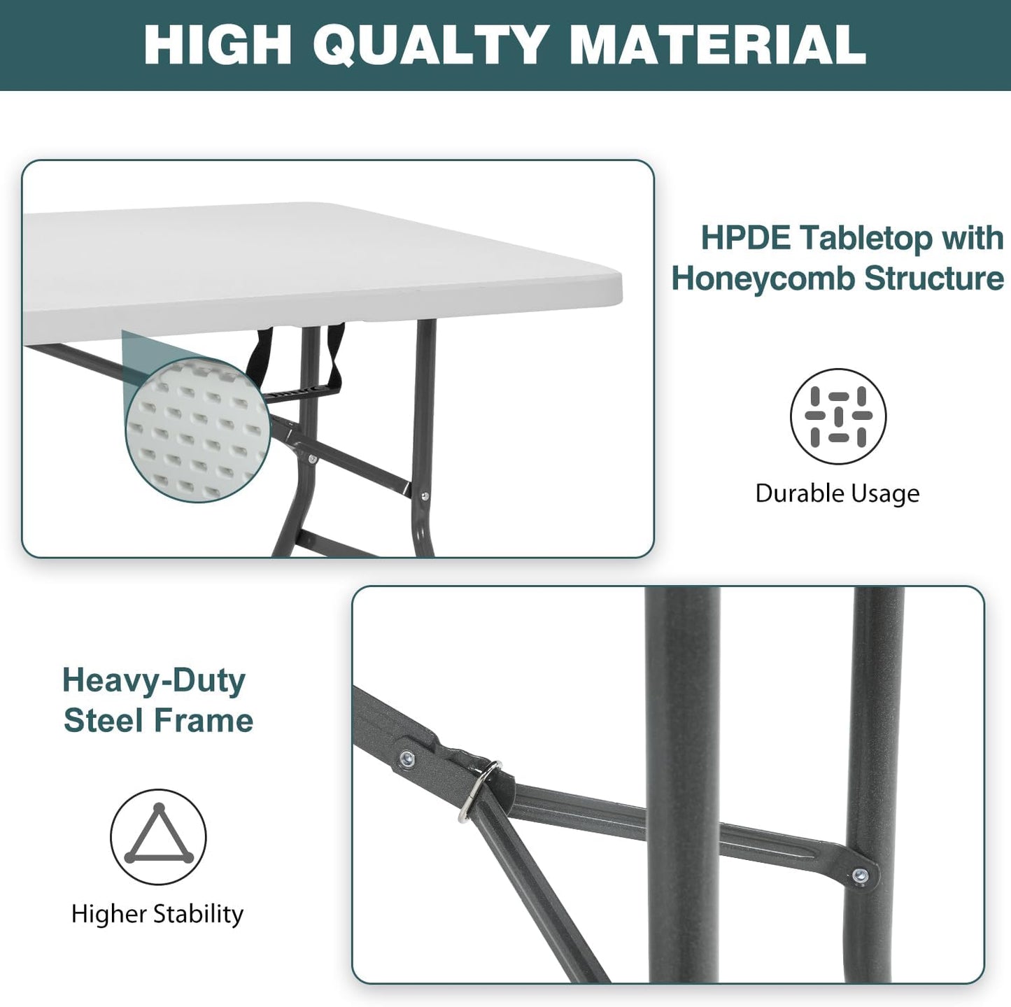 FDW 6 Foot Outdoor Dining Table, Foldable Portable Rectangular Plastic Folding Table with Built in Carrying Handle for Party and Wedding Use, White