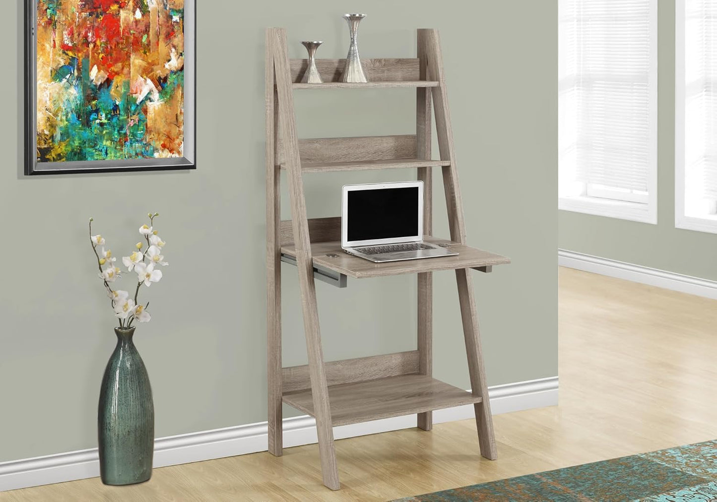 Monarch Specialties Ladder Desk-Bookcase-Wall Bookshelf-Stand Shelf, 61" H, Dark Taupe
