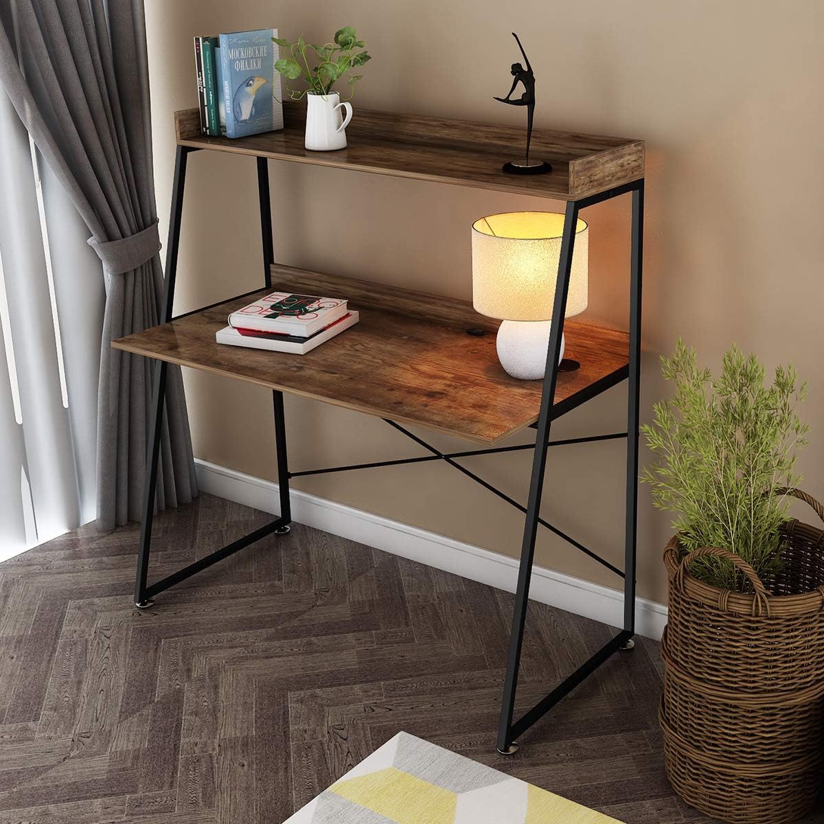 EUREKA ERGONOMIC 2-Tier Home Office Students Study Writing PC Computer Gaming Table with Bookshelf Modern Workstation for Small Space Saving,Rustic Brown