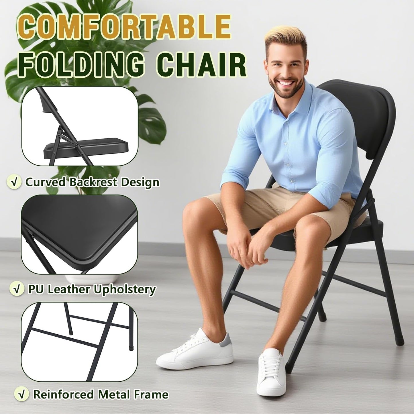Folding Chair 4 Pack, Comfy PU Leather Padded Folding Chairs for Outside and Indoor, Heavy Duty Portable Foldable Metal Commercial Seat for Home Office, Dorm, Party, Backyard, Lawn, Patio