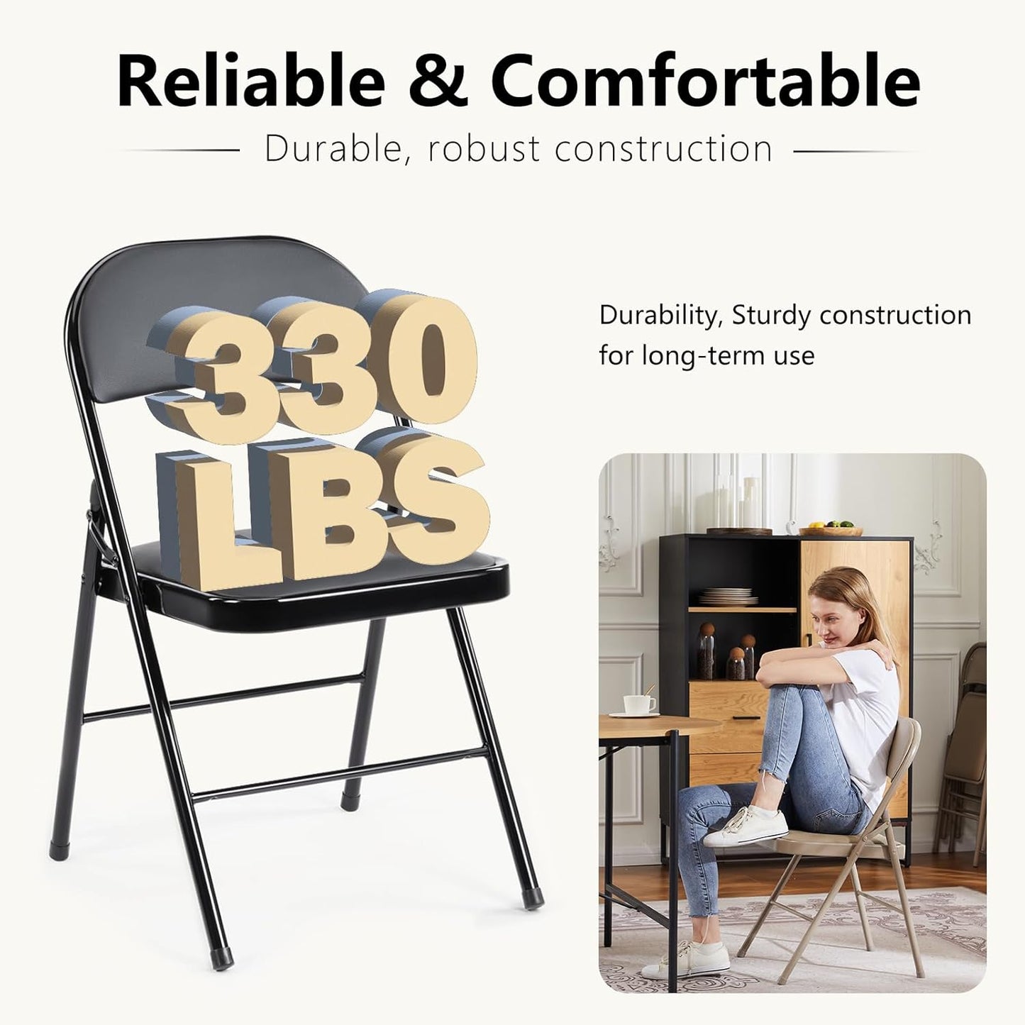 DUMOS 2 Pack Leather Padded Folding Chair, Indoor Outdoor Portable Stackable Commercial Seat with Steel Frame, Capacity for Home, Office, Party, Comfy, Black