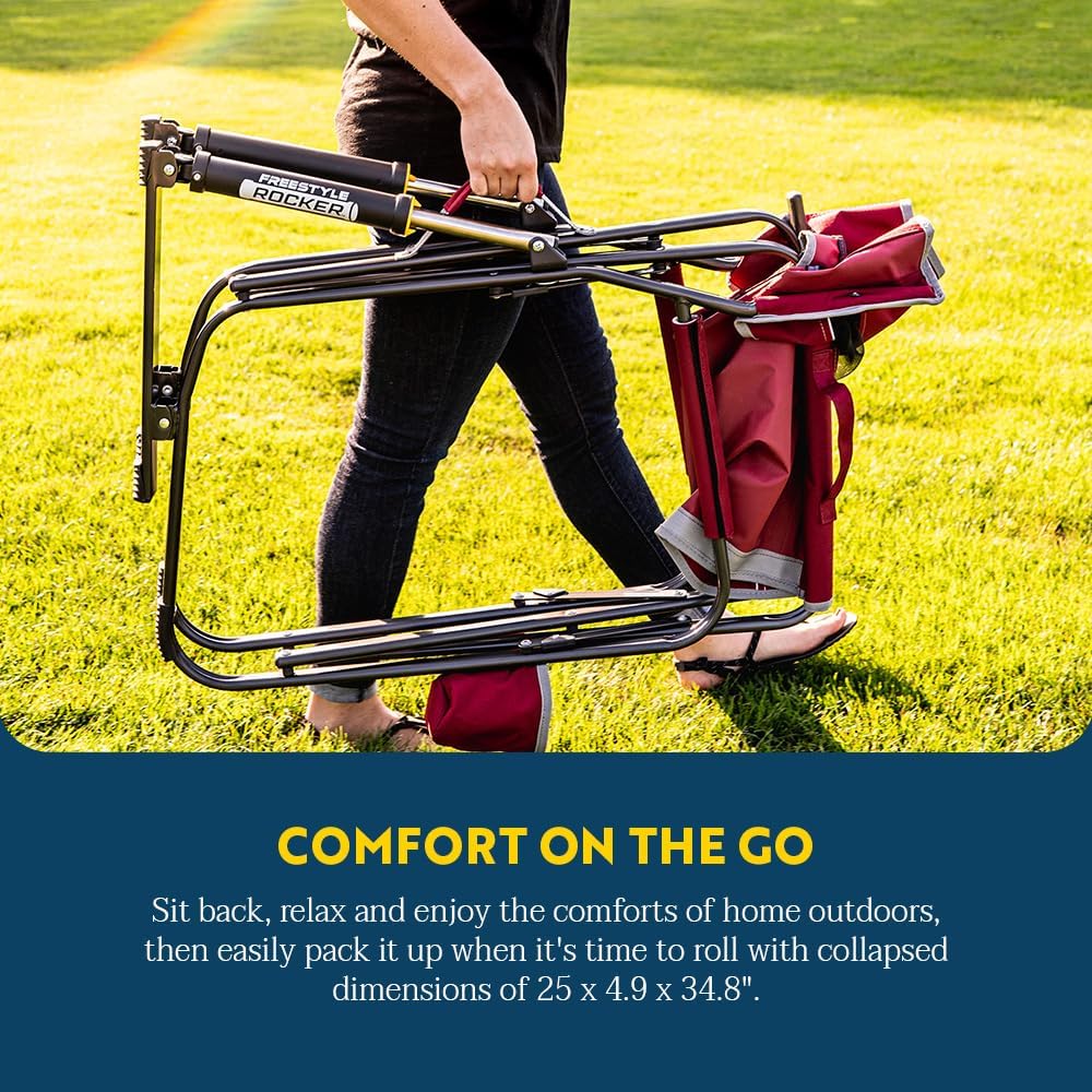 GCI OUTDOOR Freestyle Rocker Camping Chair | Portable Folding Rocking Chair with Solid, Durable Armrests, Drink Holder & Comfortable Backrest — Cinnamon