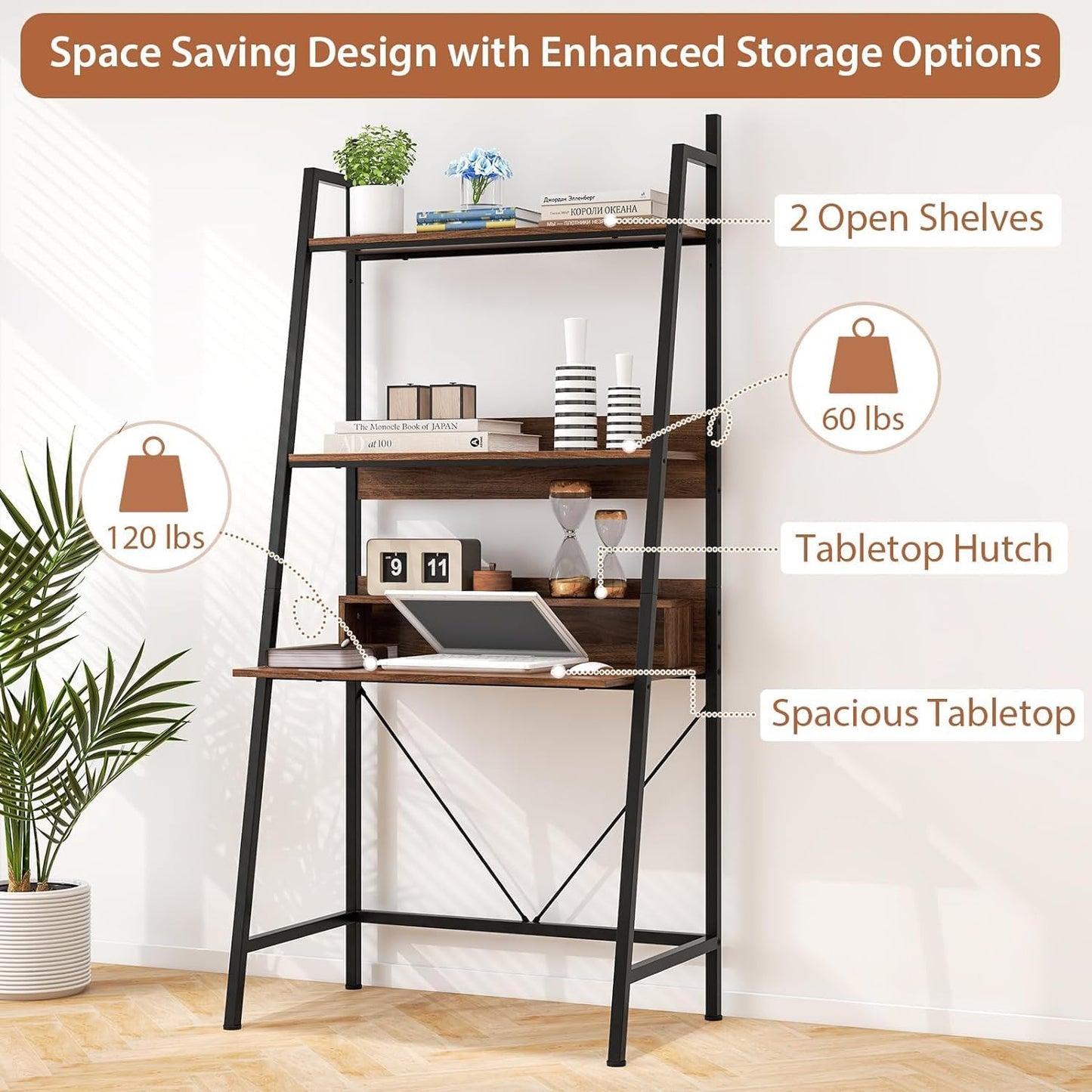 HOMGX 3-Tier Ladder Shelf Computer Desk, Rectangular Storage Rack with Open Shelves, Independent Laptop Desk for Living Room, Bedroom, Office, Study Room