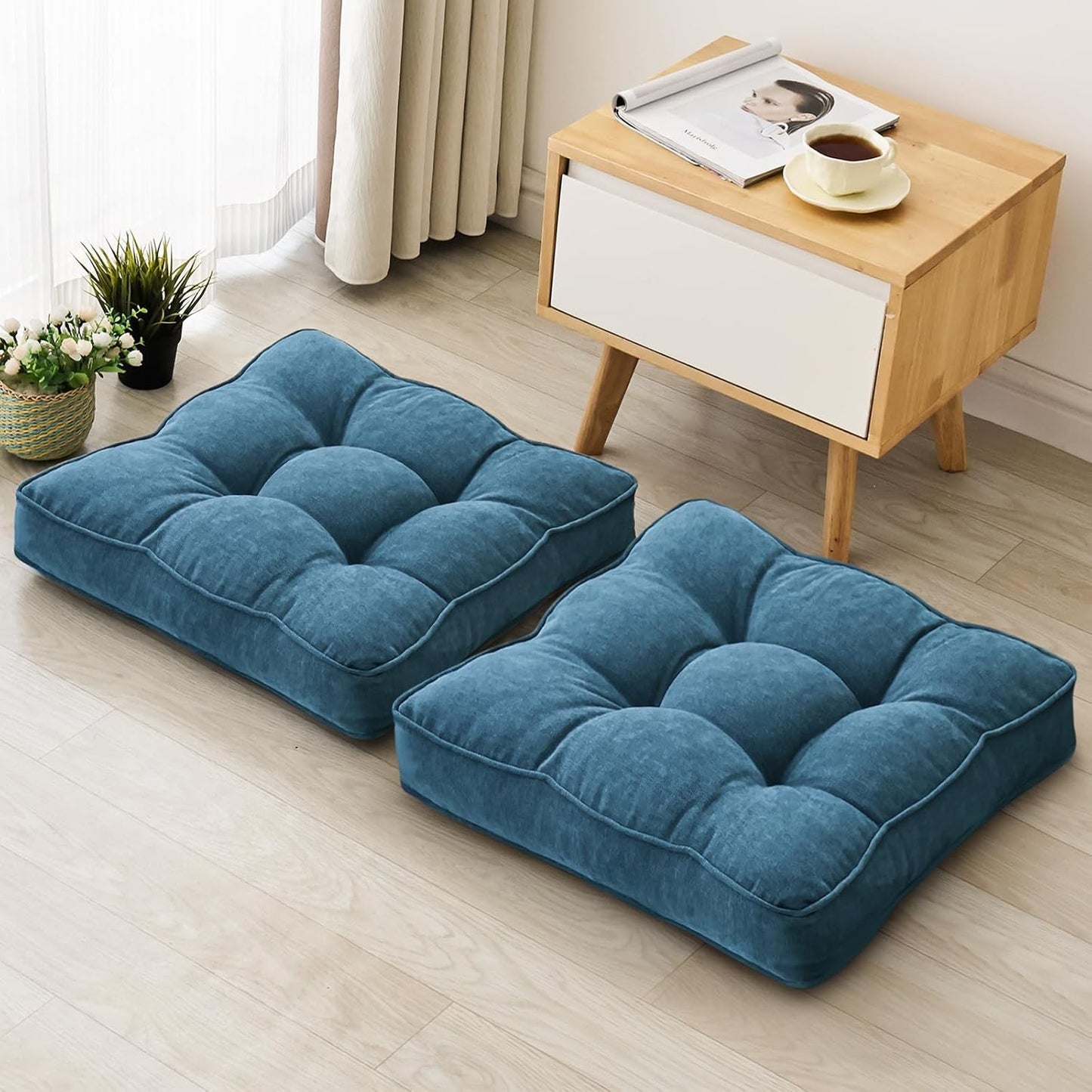 Floor Pillow Set of 2, Memory Foam Floor Cushions for Adults, Large Square Meditation Pillow for Sitting, 22 x 22 Inches (Square | Orange)