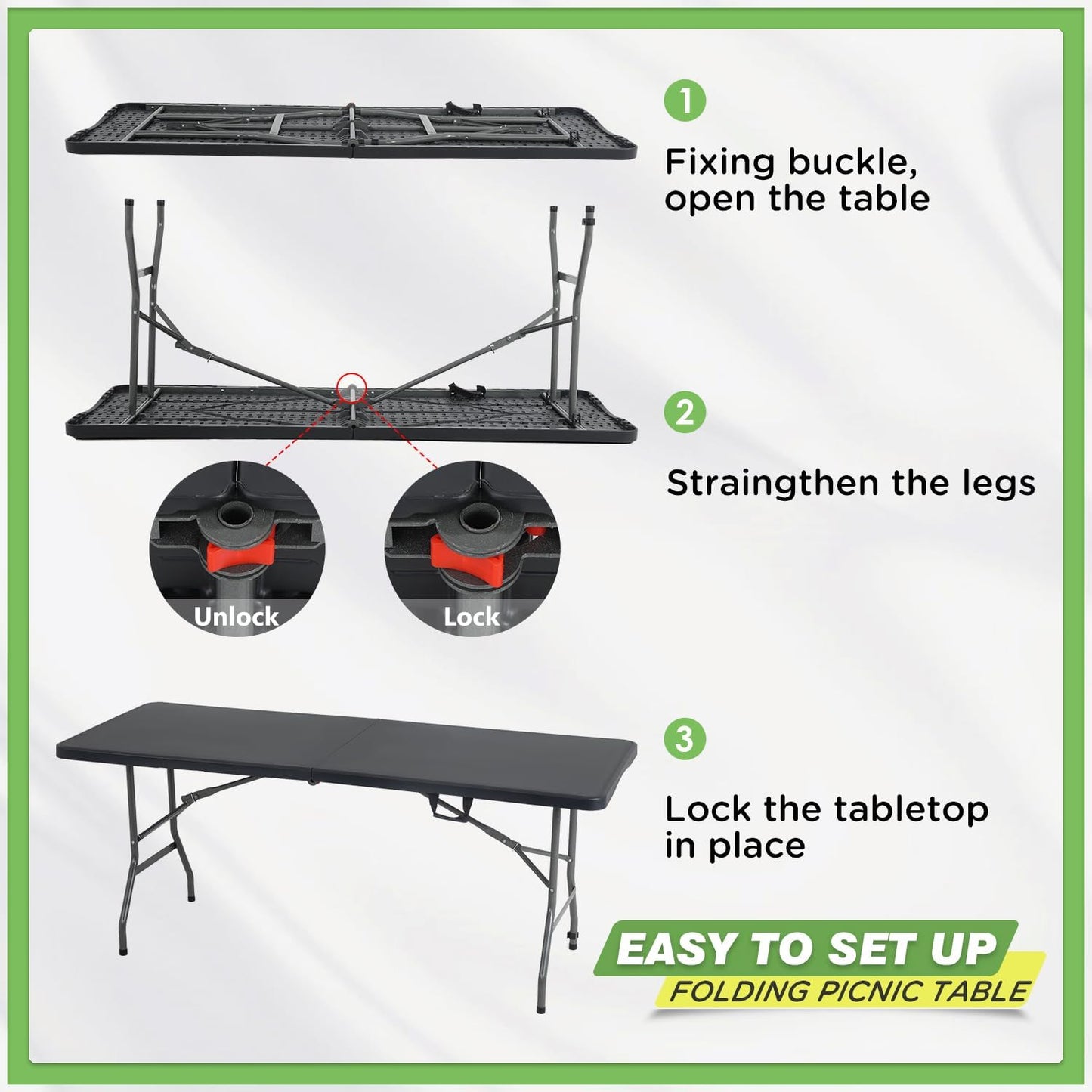 BestOffice Outdoor Folding Camping Table Plastic Table Portable Square Height Dining Table Perfect for Picnics,Parties,Party and Camping,Black