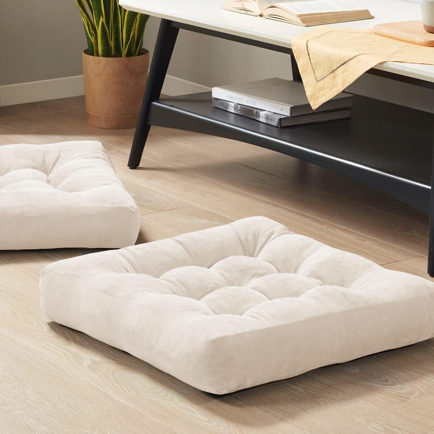 Floor Cushion Pillow Set of 2, Round Large Pillows Seating for Adults, Tufted Corduroy Cushions for Living Room Tatami, Orange Yellow, 22 Inch