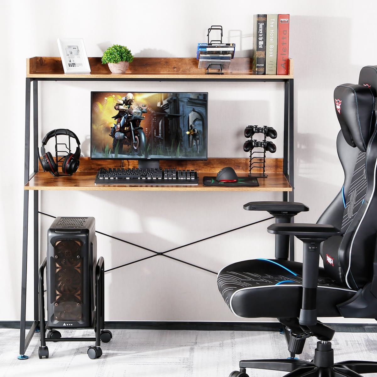 EUREKA ERGONOMIC 2-Tier Home Office Students Study Writing PC Computer Gaming Table with Bookshelf Modern Workstation for Small Space Saving,Rustic Brown