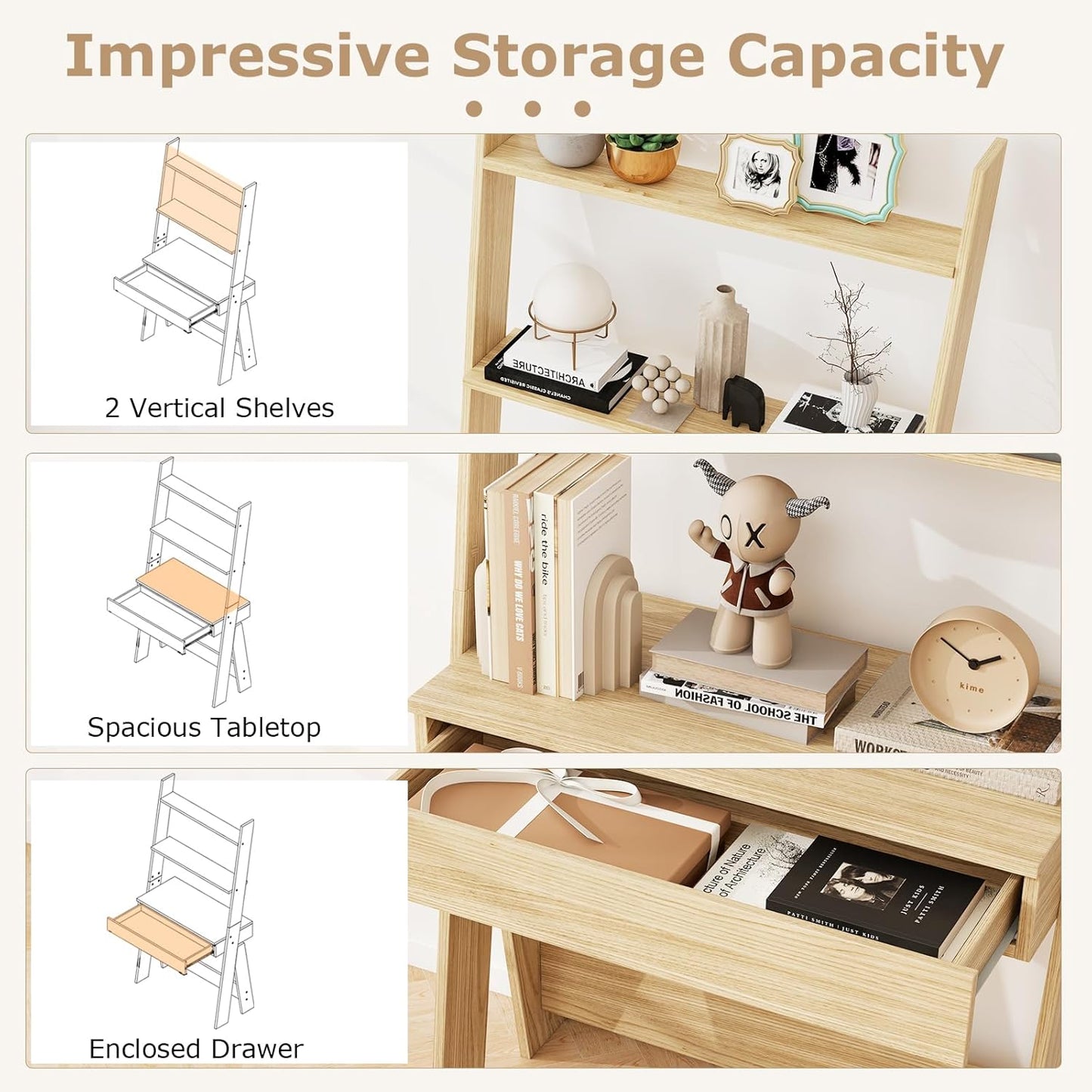Giantex 3 Tier Ladder Desk with Drawer, 33" Width Ladder Shelf with Anti-Tipping Device, Freestanding Bookshelf, Natural Leaning Computer Desk with Shelves for Small Space