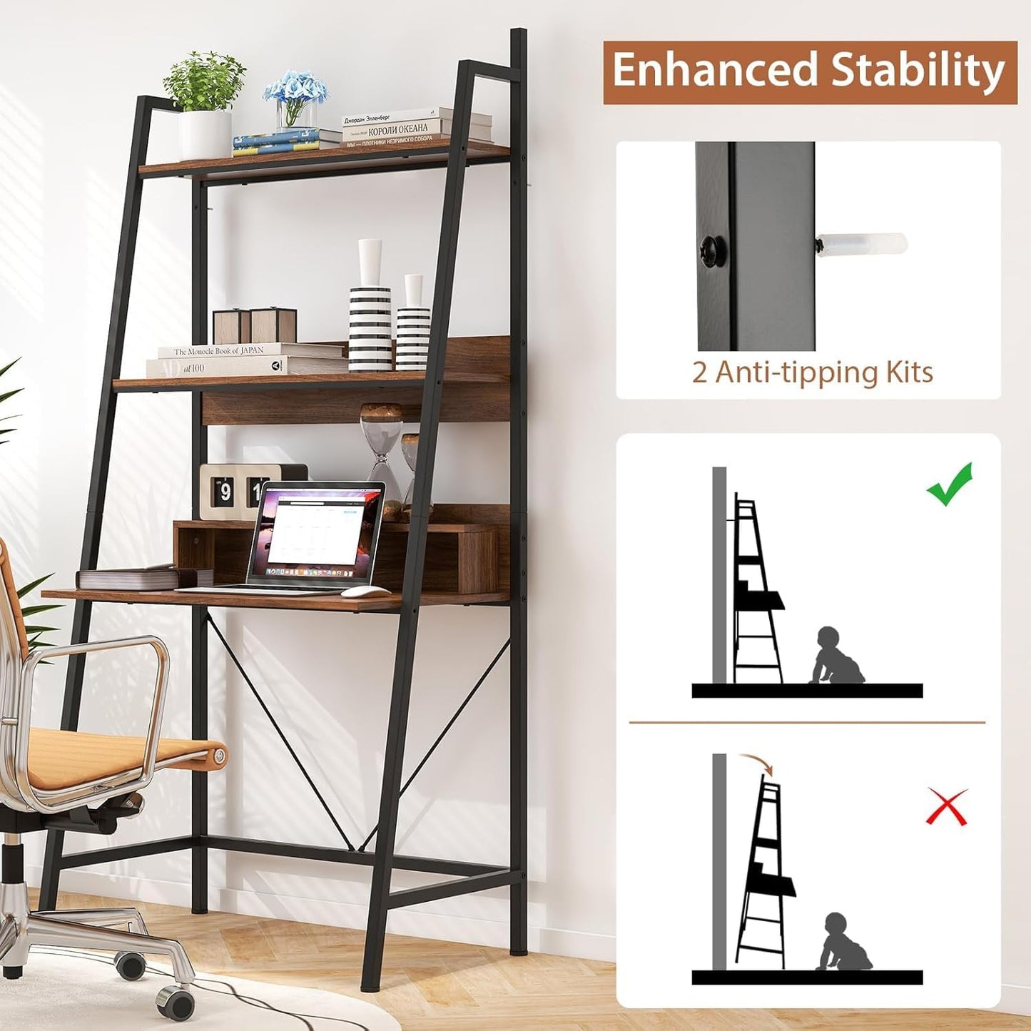 HOMGX 3-Tier Ladder Shelf Computer Desk, Rectangular Storage Rack with Open Shelves, Independent Laptop Desk for Living Room, Bedroom, Office, Study Room