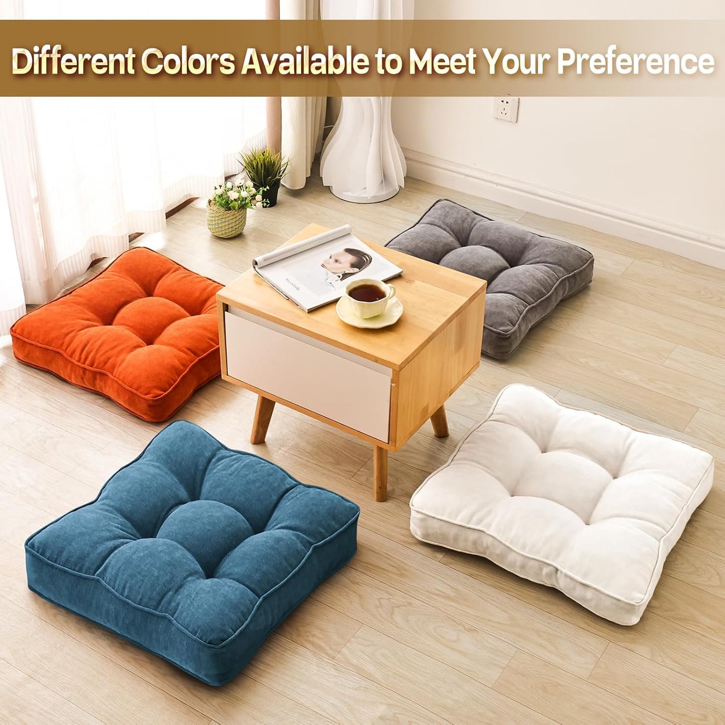 Floor Pillow Set of 2, Memory Foam Floor Cushions for Adults, Large Square Meditation Pillow for Sitting, 22 x 22 Inches (Square | Orange)