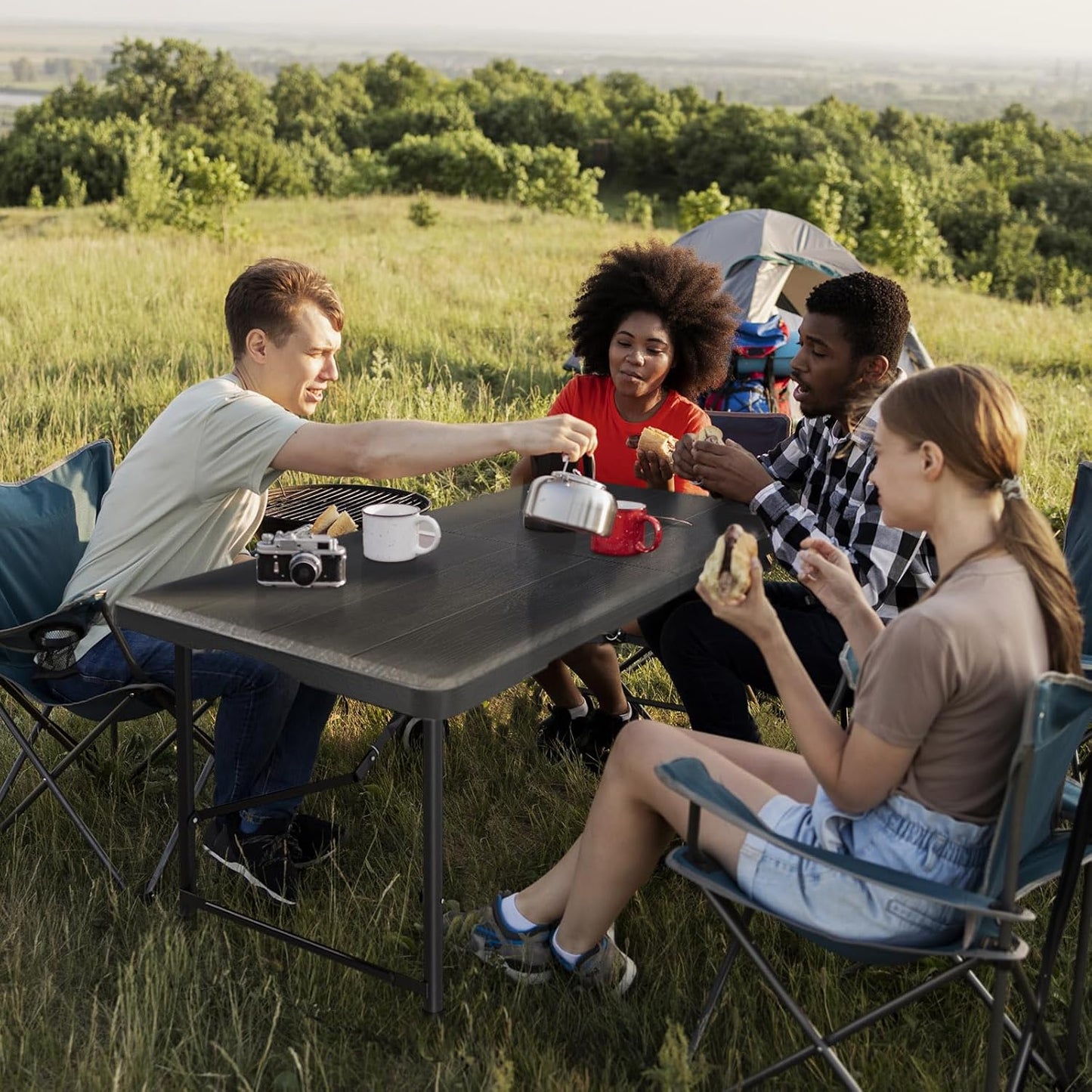 4 Ft Plastic Folding Table,Heavy Duty Portable Table for Indoor & Outdoor,Wood Grain Desktop & 350lbs Weight Capacity,Premium Solutions for Camping,Picnic,BBQ and Party