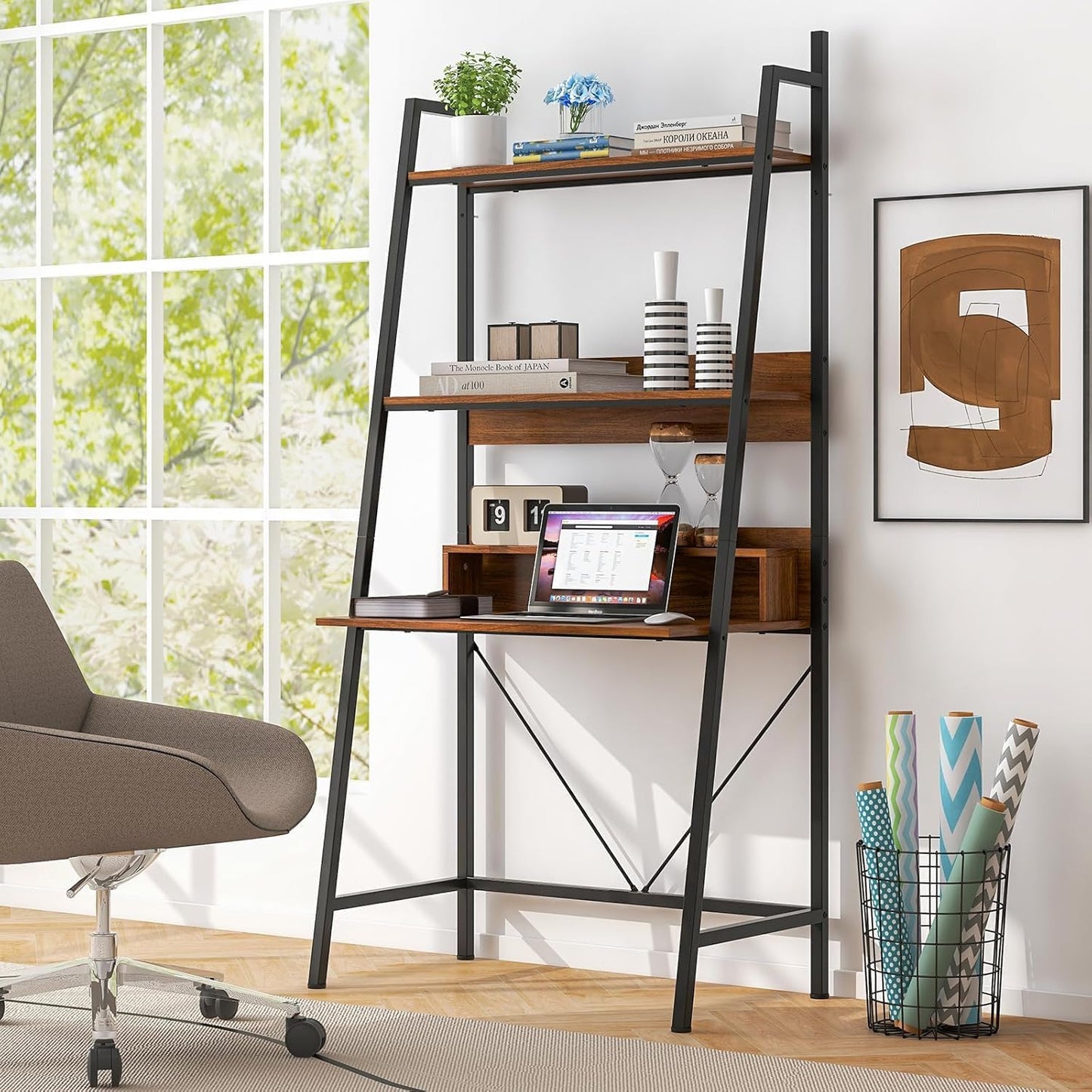 HOMGX 3-Tier Ladder Shelf Computer Desk, Rectangular Storage Rack with Open Shelves, Independent Laptop Desk for Living Room, Bedroom, Office, Study Room