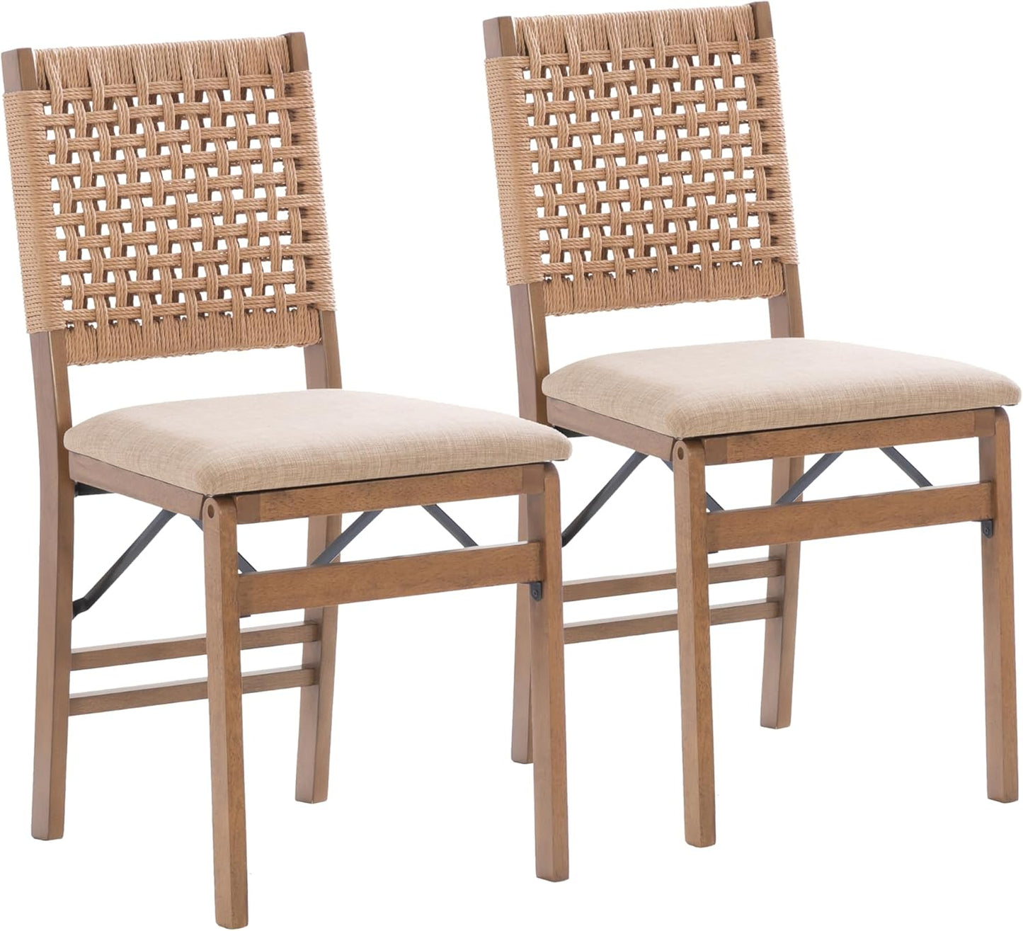 Linon Bennett Natural Folding Chair with Woven Rope Back and Linen Upholstered Seat Set of 2