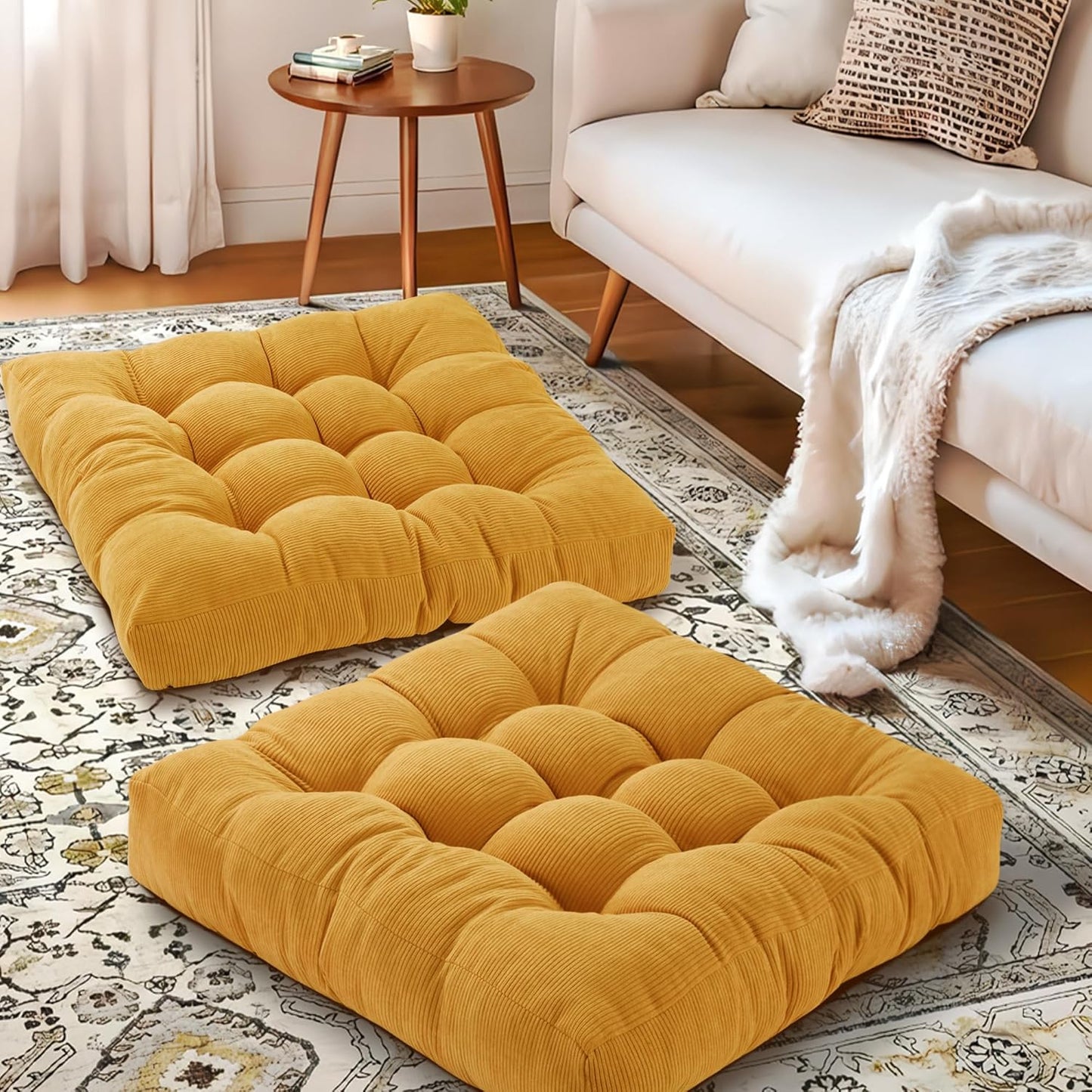 Floor Pillow Cushions for Adults Sitting Large Big Pillows for Floor Seating Square Memory Foam Thick Tufted, 22 x 22 Inch, Set of 2, Dark Grey