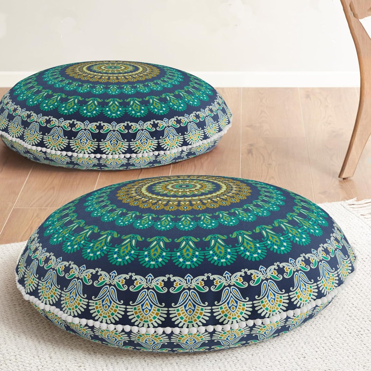 Codi Floor Pillows for Adults Set of 2, Large Boho Meditation Cushions with Memory Foam, Round Mandala Seating for Outdoor Yoga and Living Room, Washable, 32 Inch, Coral