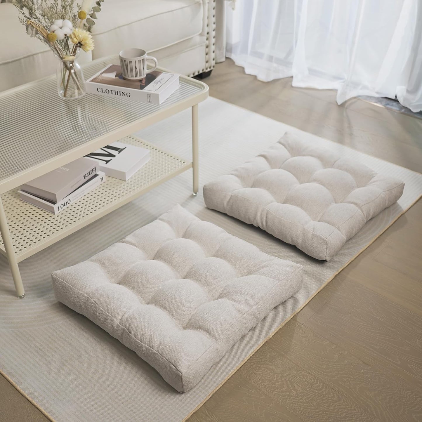 Tromlycs Floor Pillow Cushions for Adults Set of 2 Large Square Gel Memory Foam Pillows for Seating 20 x 20 x 4 Inch Beige