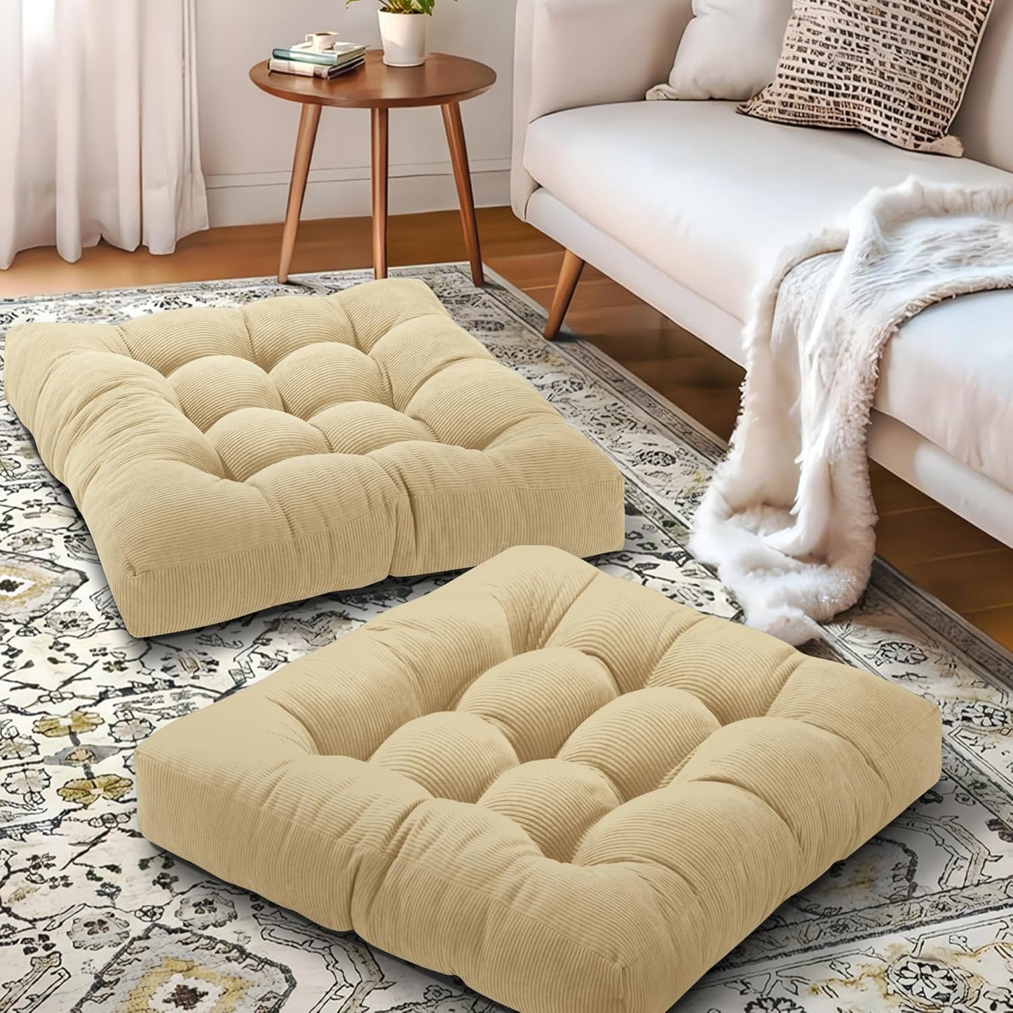 Floor Pillow Cushions for Adults Sitting Large Big Pillows for Floor Seating Square Memory Foam Thick Tufted, 22 x 22 Inch, Set of 2, Dark Grey