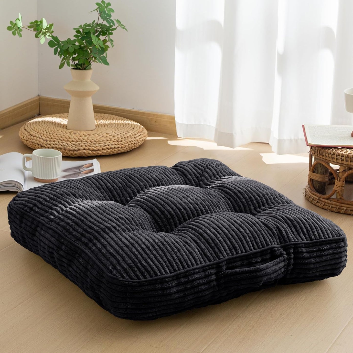 6" Washable Floor Pillow Cushion for Adults, Meditation Cushion Pillow, Large Square Floor Sitting, Removable Tufted Corduroy Cover, for Tatami Living Room or Yoga, 22x22 Inch, 2Pack, Machine Washable