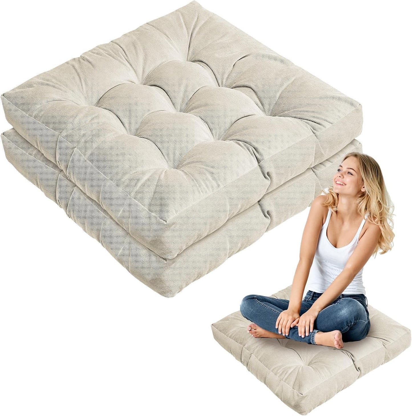 Jerify Floor Pillow Cushions 22 x 22 Inch Round Square Large Meditation Floor Pillow for Classroom Adult Meditation Picnic Party Cushion for Seating Gift Christmas(Round,Beige,4 Pcs)