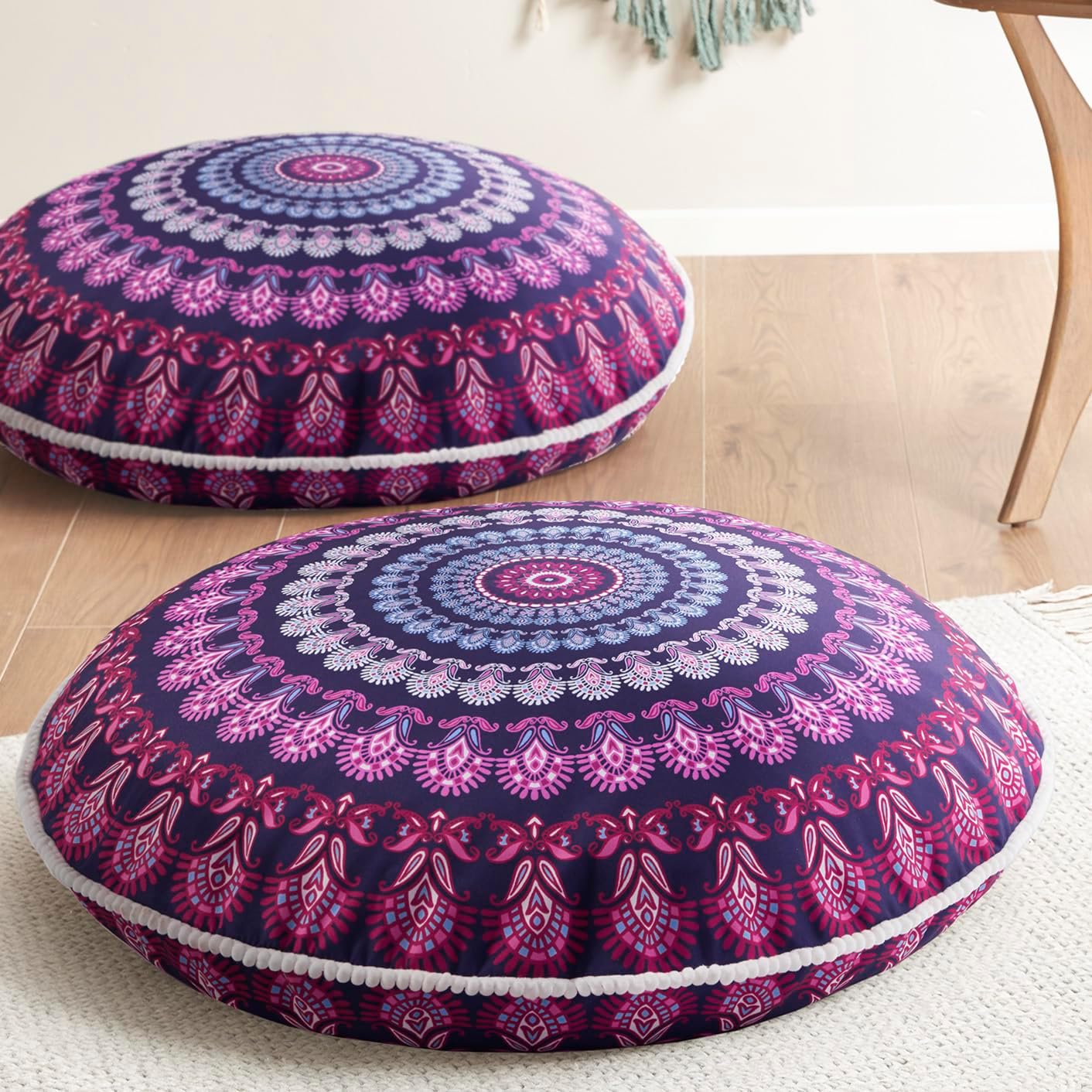 Codi Floor Pillows for Adults Set of 2, Large Boho Meditation Cushions with Memory Foam, Round Mandala Seating for Outdoor Yoga and Living Room, Washable, 32 Inch, Coral