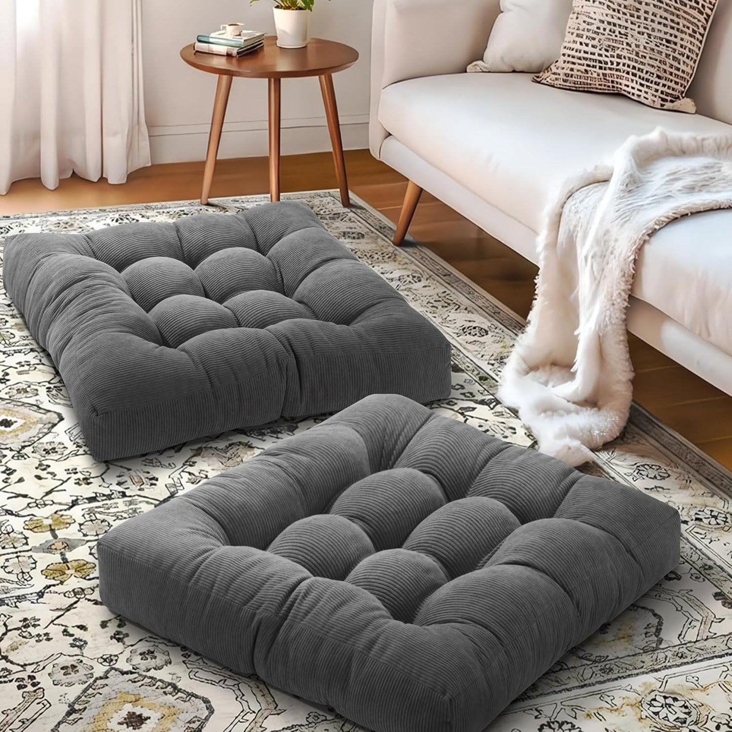 Floor Pillow Cushions for Adults Sitting Large Big Pillows for Floor Seating Square Memory Foam Thick Tufted, 22 x 22 Inch, Set of 2, Dark Grey