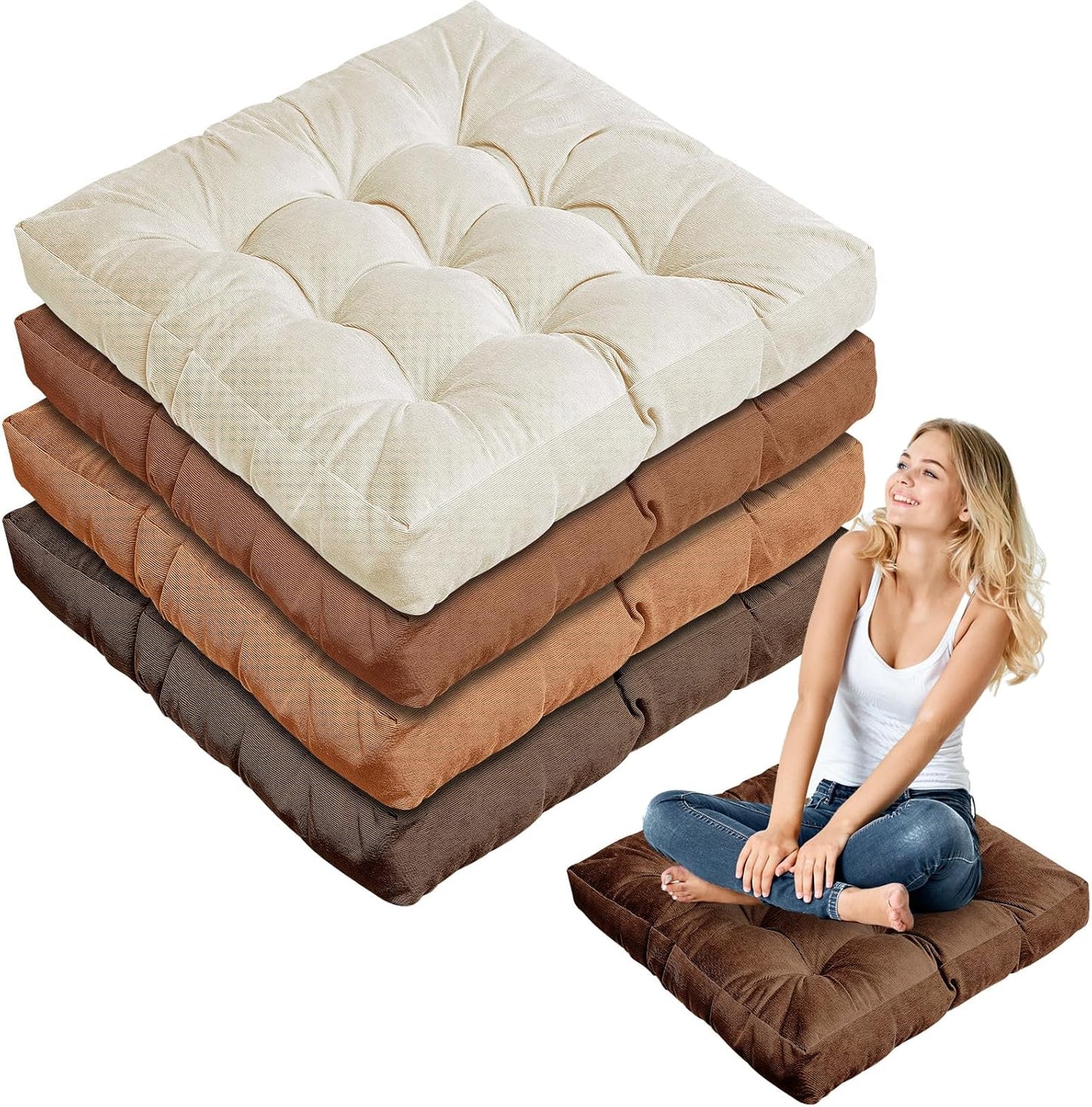 Jerify Floor Pillow Cushions 22 x 22 Inch Round Square Large Meditation Floor Pillow for Classroom Adult Meditation Picnic Party Cushion for Seating Gift Christmas(Round,Beige,4 Pcs)