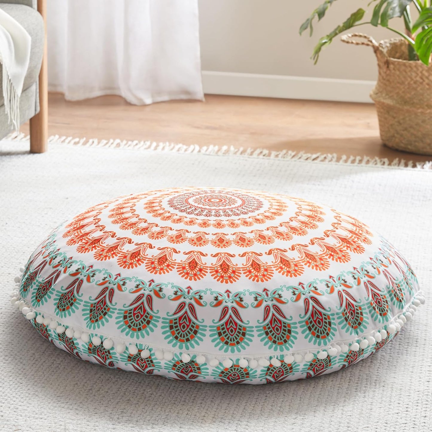 Codi Floor Pillows for Adults Set of 2, Large Boho Meditation Cushions with Memory Foam, Round Mandala Seating for Outdoor Yoga and Living Room, Washable, 32 Inch, Coral