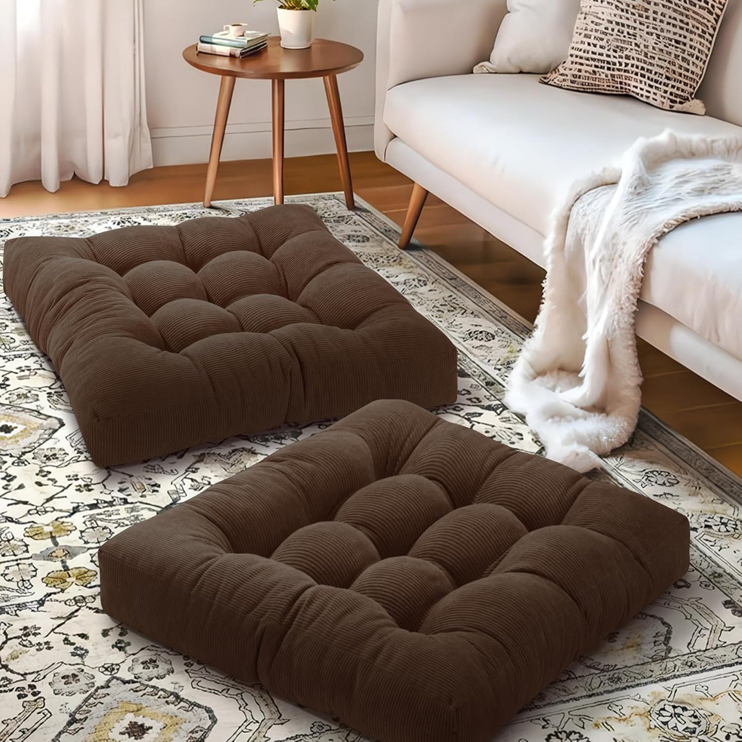 Floor Pillow Cushions for Adults Sitting Large Big Pillows for Floor Seating Square Memory Foam Thick Tufted, 22 x 22 Inch, Set of 2, Dark Grey