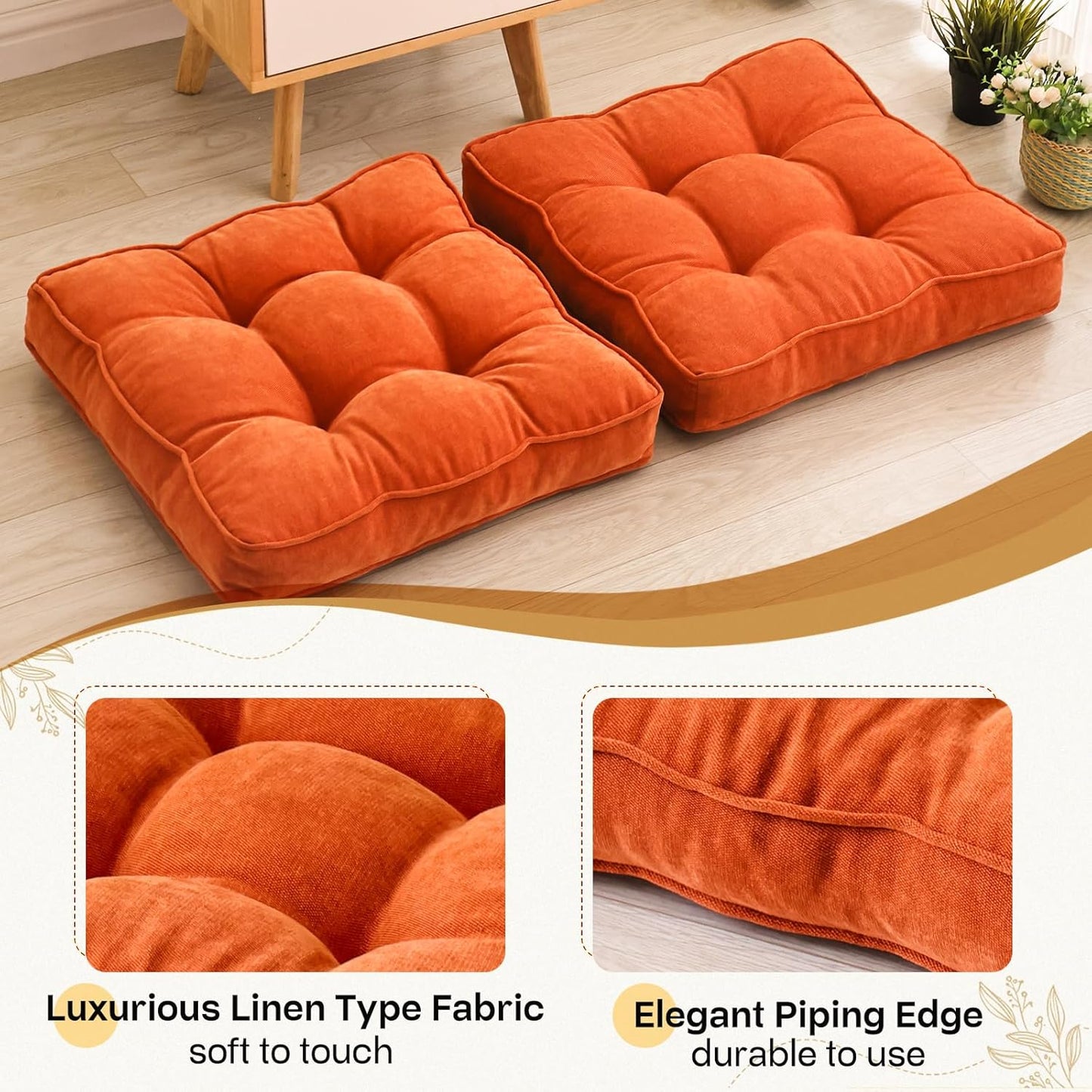 Floor Pillow Set of 2, Memory Foam Floor Cushions for Adults, Large Square Meditation Pillow for Sitting, 22 x 22 Inches (Square | Orange)