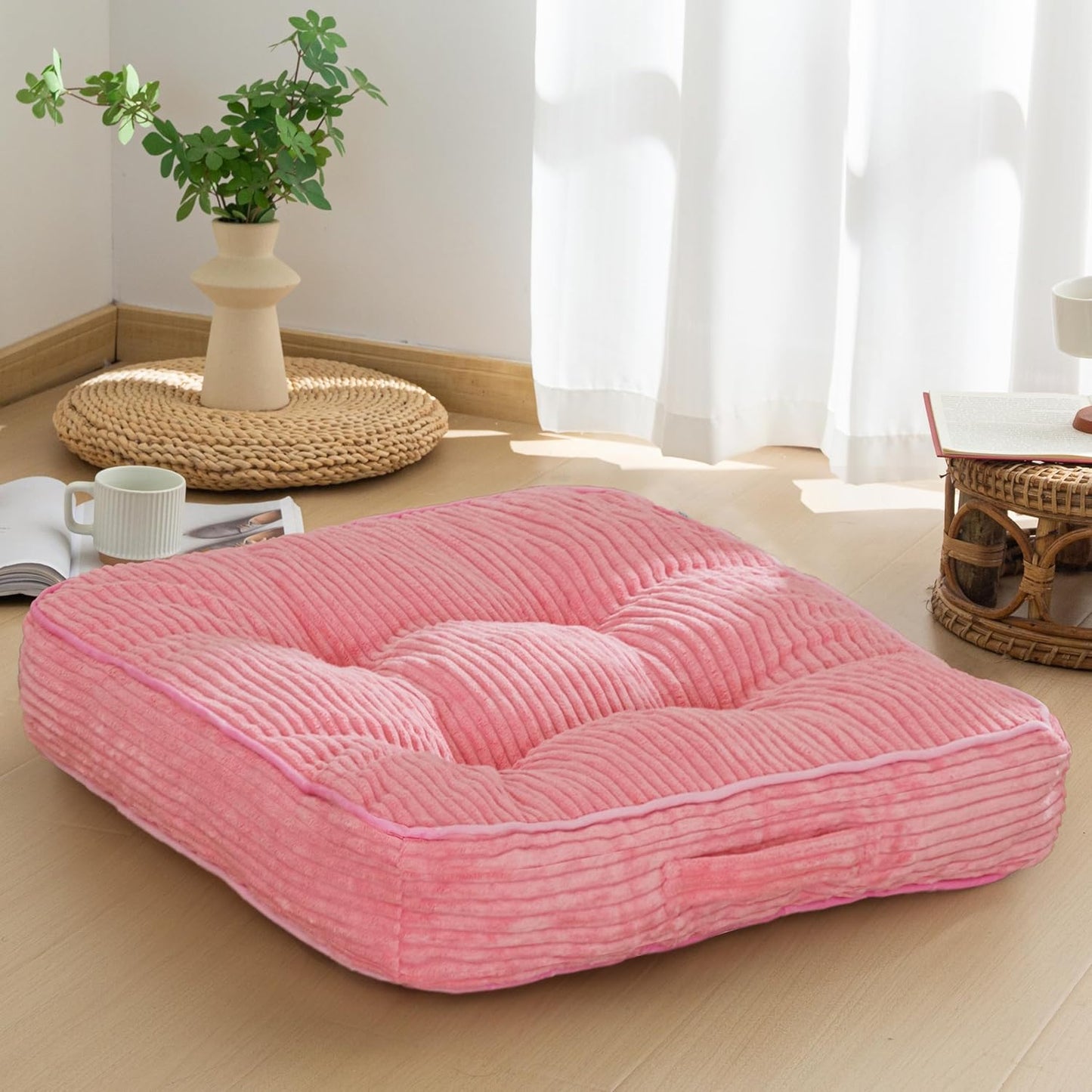 6" Washable Floor Pillow Cushion for Adults, Meditation Cushion Pillow, Large Square Floor Sitting, Removable Tufted Corduroy Cover, for Tatami Living Room or Yoga, 22x22 Inch, 2Pack, Machine Washable