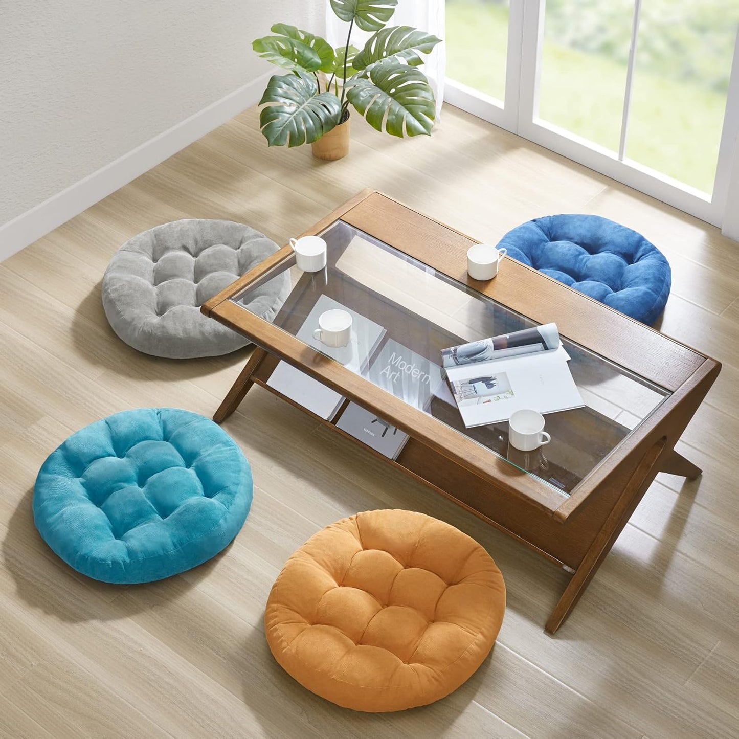 Floor Cushion Pillow Set of 2, Round Large Pillows Seating for Adults, Tufted Corduroy Cushions for Living Room Tatami, Orange Yellow, 22 Inch