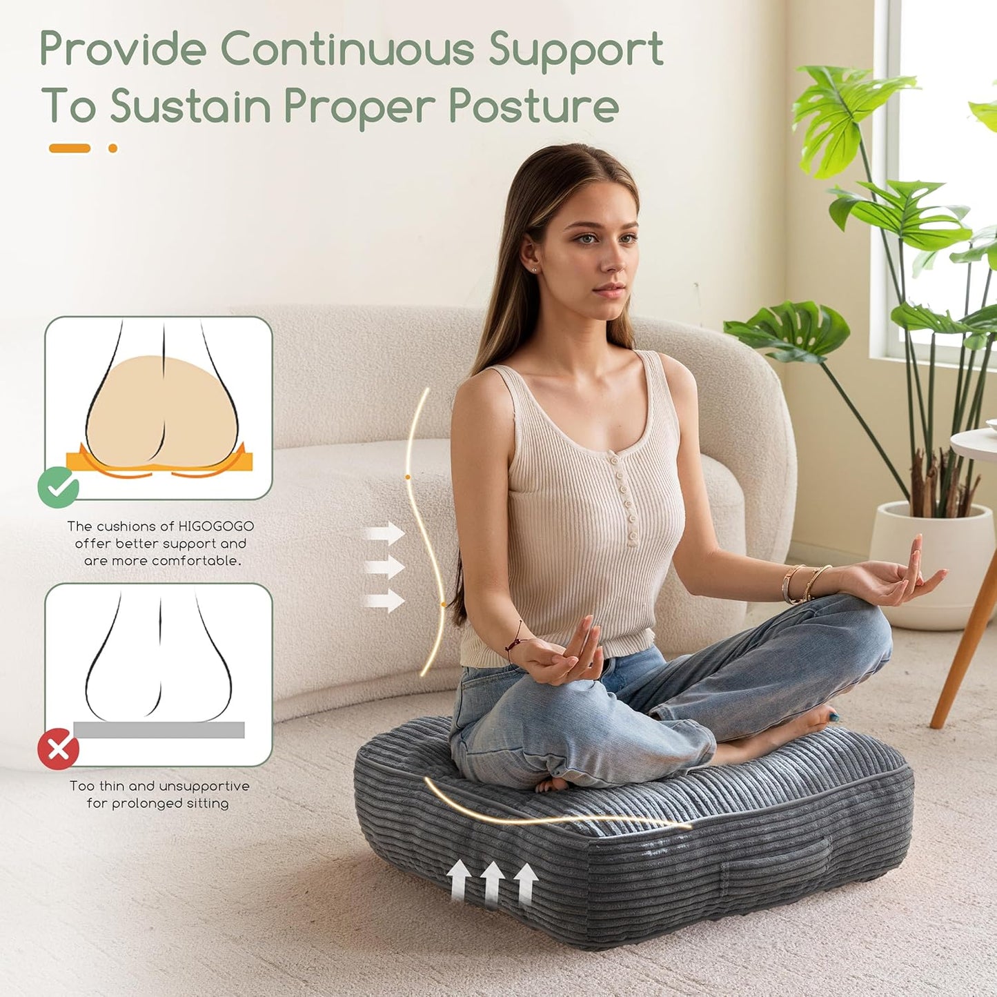 6" Washable Floor Pillow Cushion for Adults, Meditation Cushion Pillow, Large Square Floor Sitting, Removable Tufted Corduroy Cover, for Tatami Living Room or Yoga, 22x22 Inch, 2Pack, Machine Washable