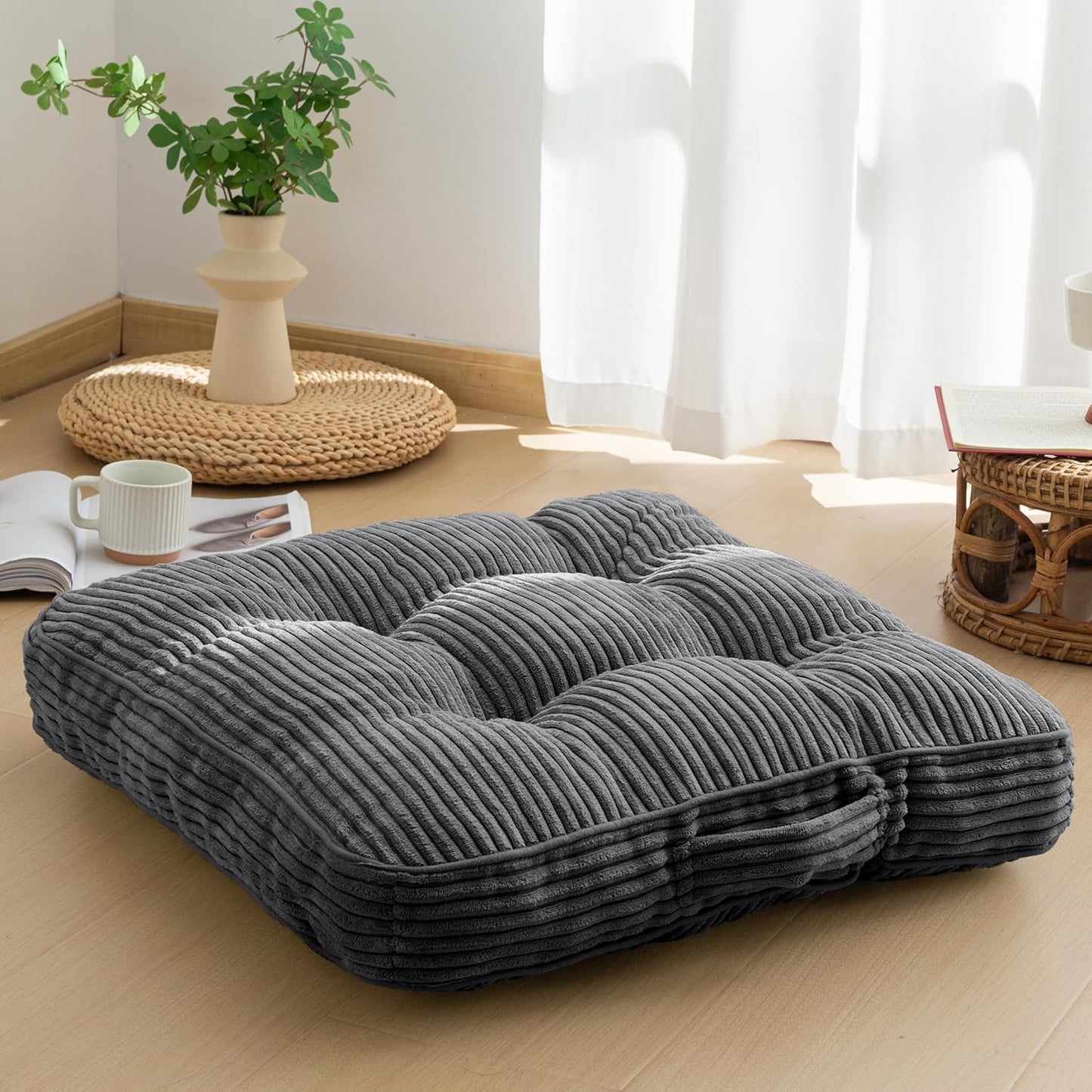 6" Washable Floor Pillow Cushion for Adults, Meditation Cushion Pillow, Large Square Floor Sitting, Removable Tufted Corduroy Cover, for Tatami Living Room or Yoga, 22x22 Inch, 2Pack, Machine Washable