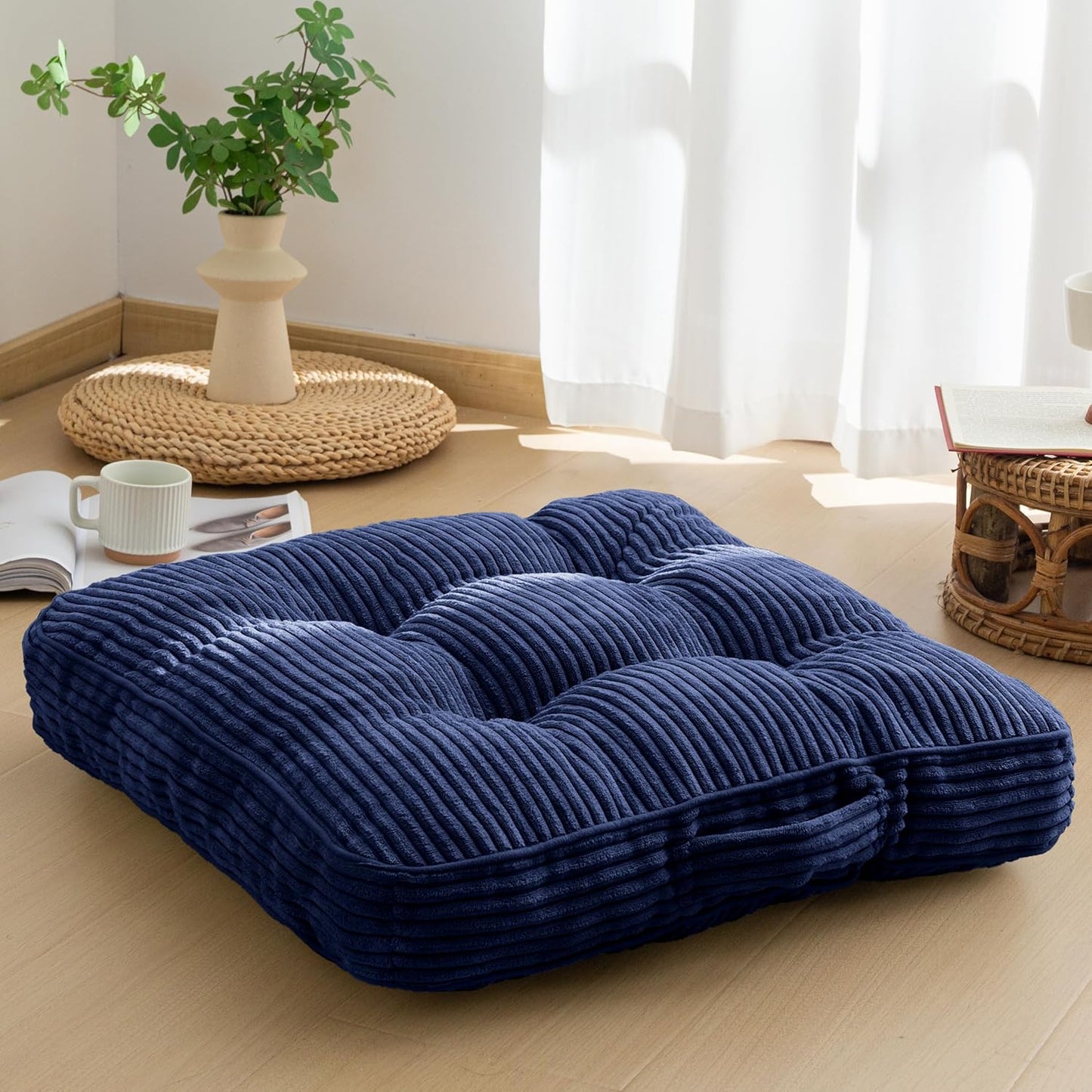 6" Washable Floor Pillow Cushion for Adults, Meditation Cushion Pillow, Large Square Floor Sitting, Removable Tufted Corduroy Cover, for Tatami Living Room or Yoga, 22x22 Inch, 2Pack, Machine Washable