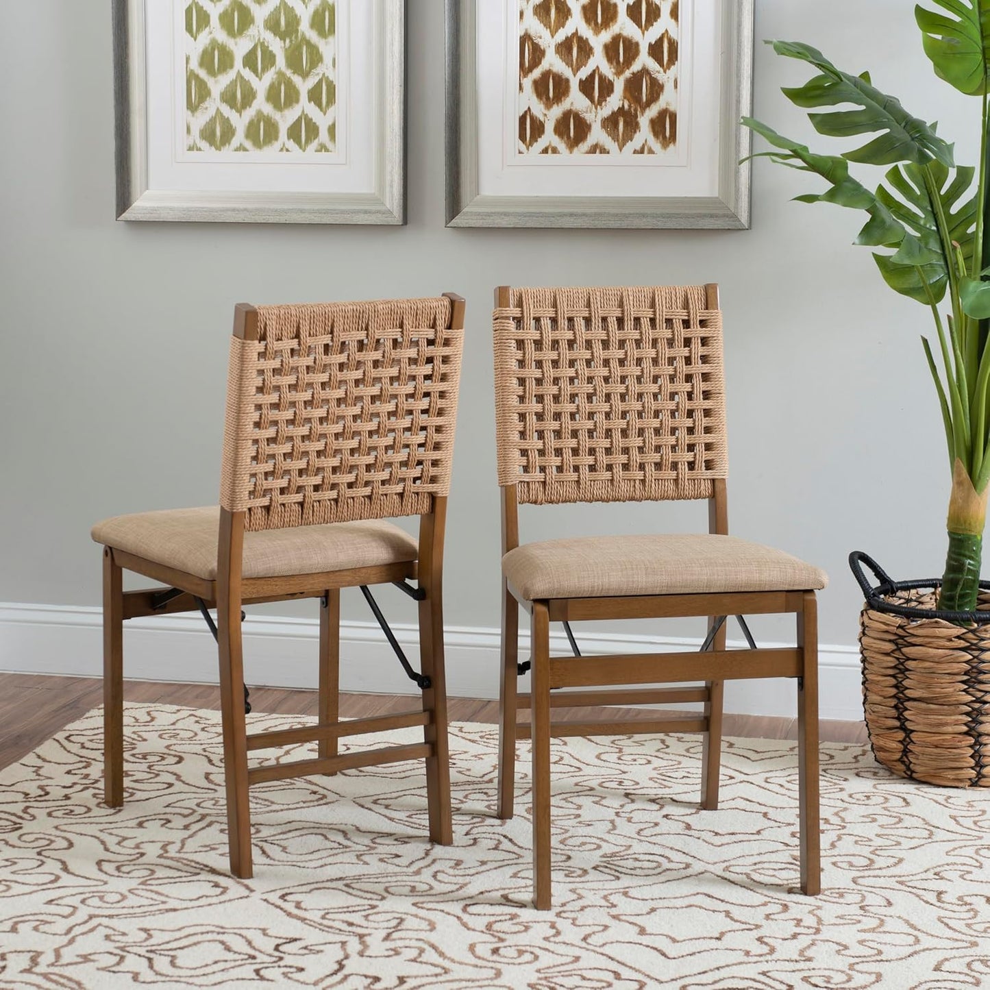 Linon Bennett Natural Folding Chair with Woven Rope Back and Linen Upholstered Seat Set of 2