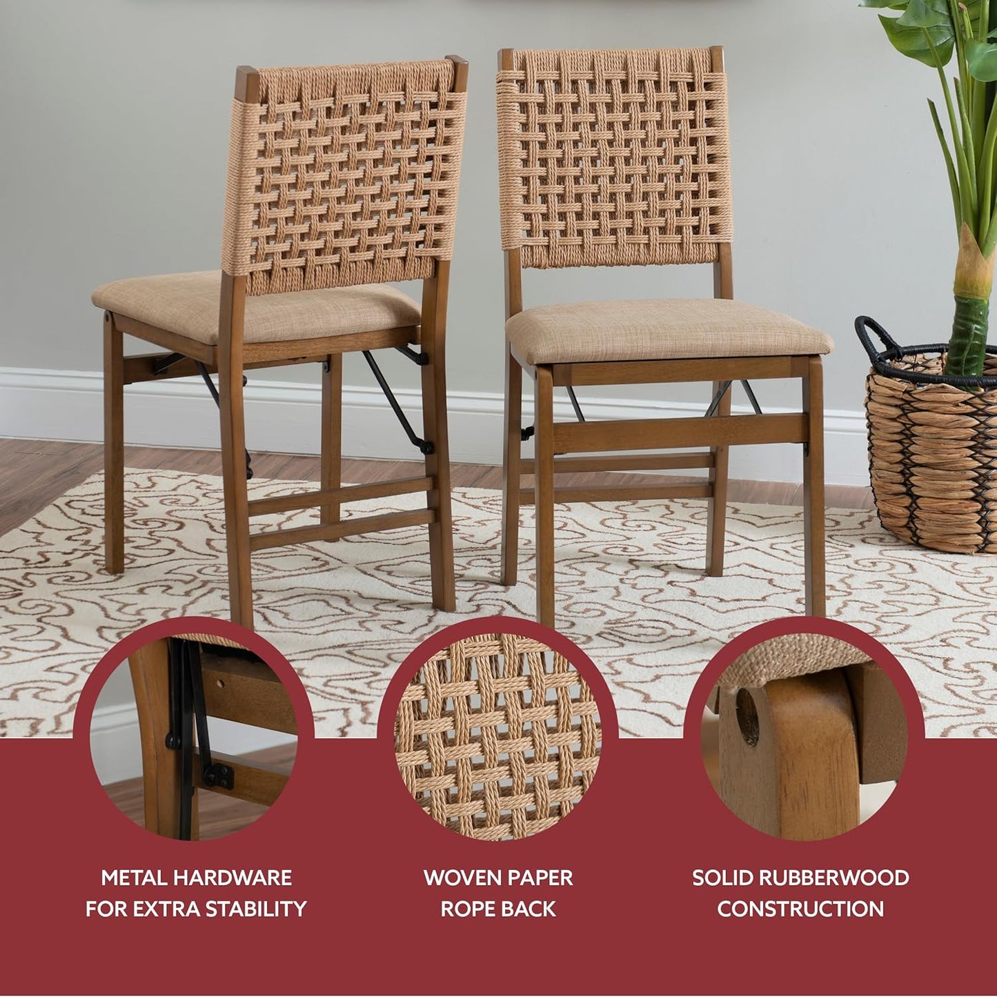 Linon Bennett Natural Folding Chair with Woven Rope Back and Linen Upholstered Seat Set of 2